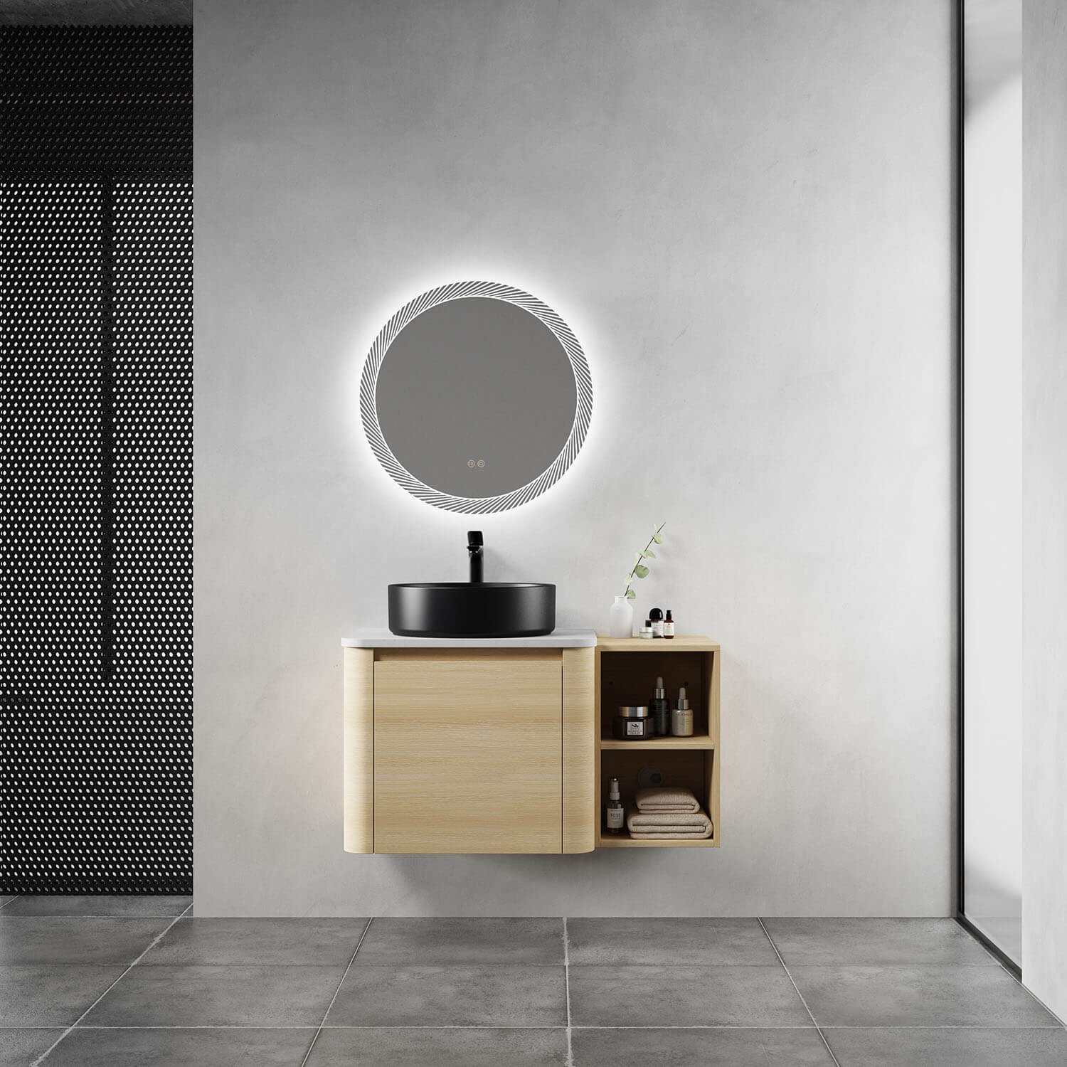 36" White Oak Bathroom Vanity with Black Ceramic Vessel Sink and Open Shelves