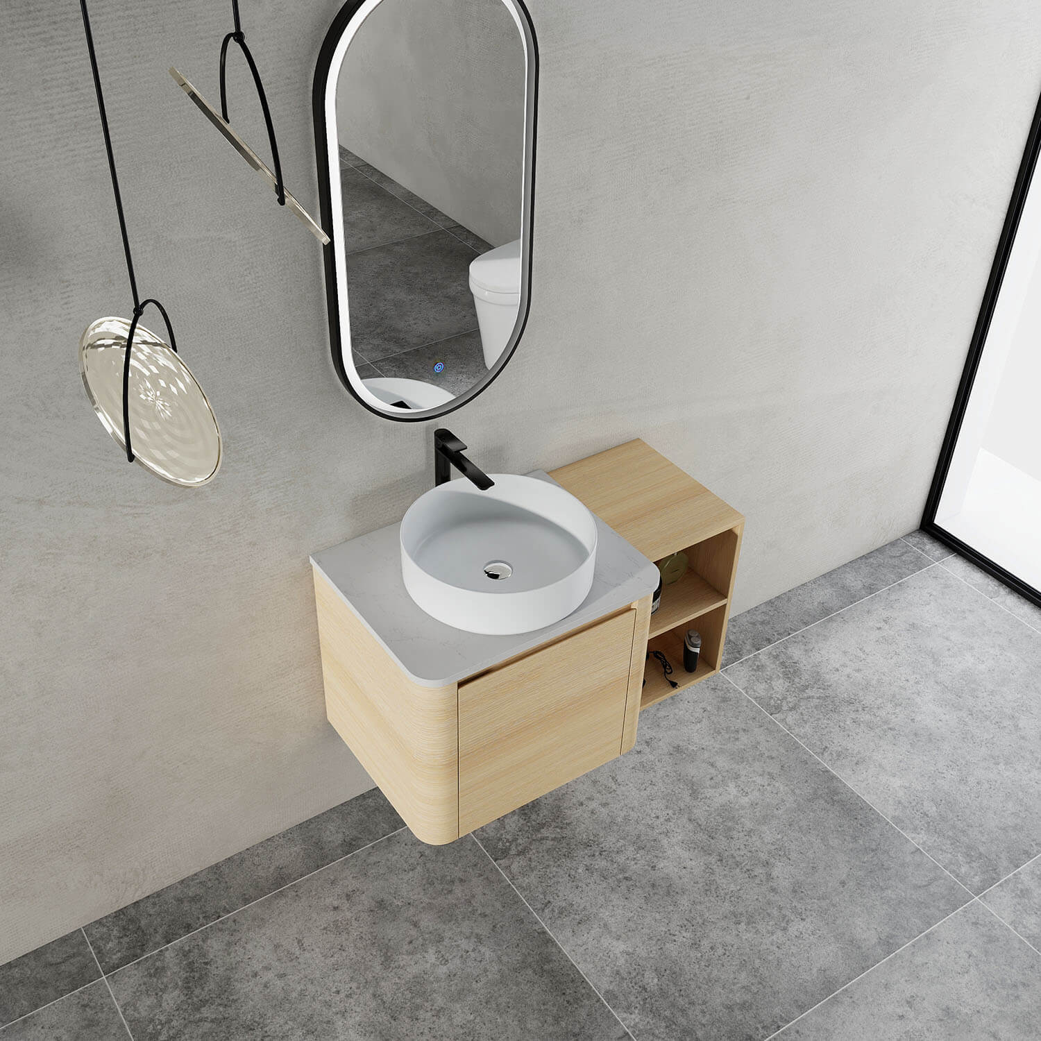 36" White Oak Bathroom Vanity with White Ceramic Vessel Sink and Open Shelves - Image 3