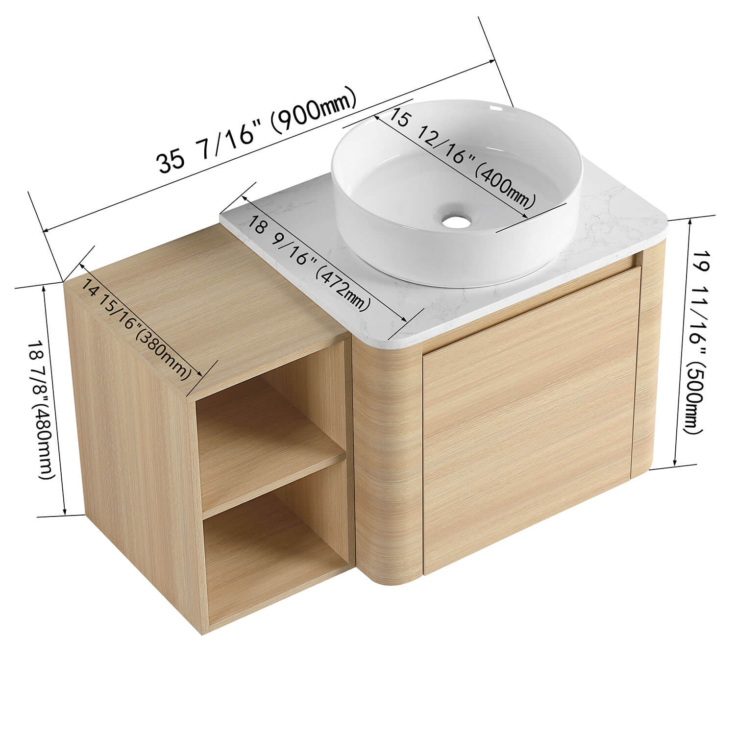 36" White Oak Bathroom Vanity with White Ceramic Vessel Sink and Open Shelves - Image 4
