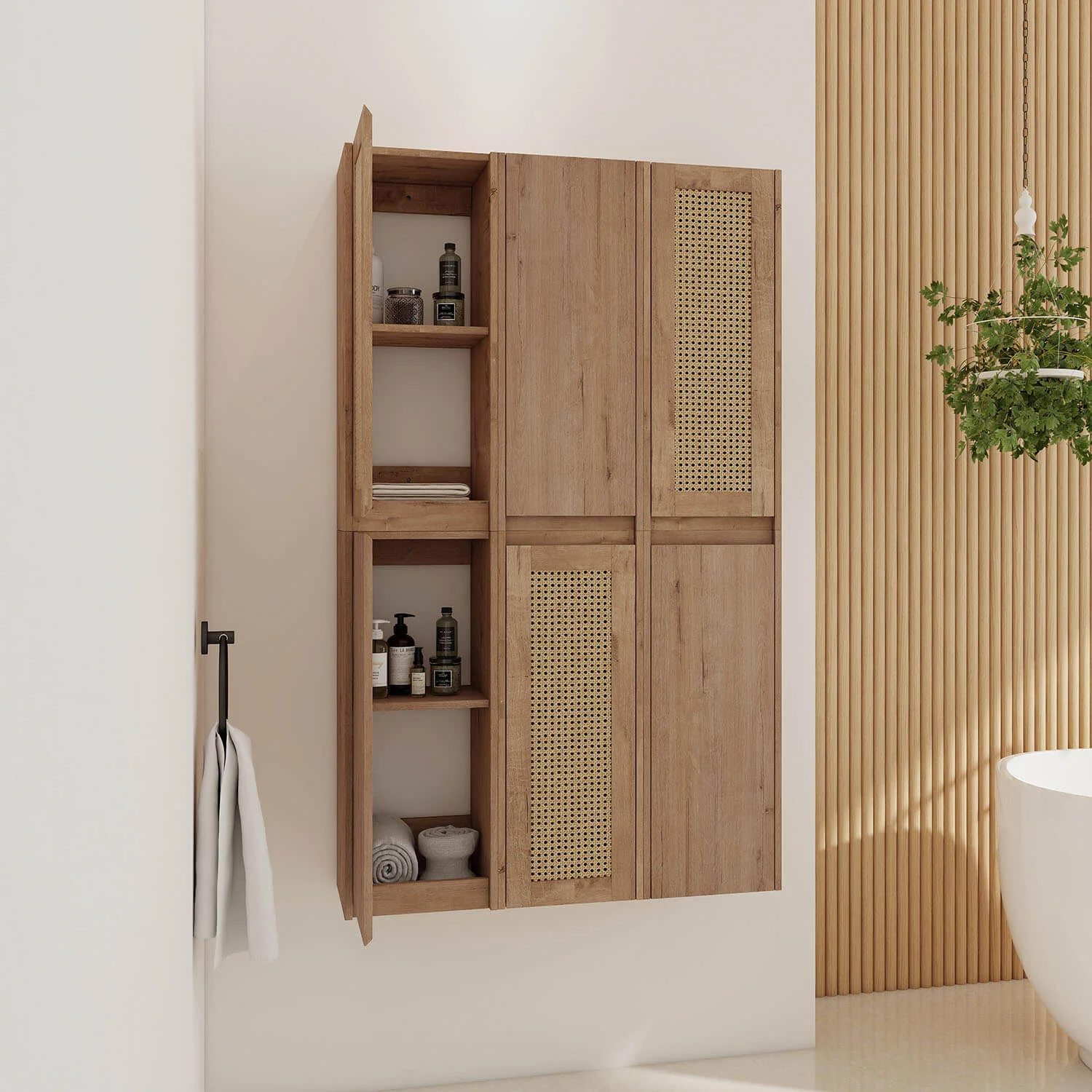 36" White Oak Bathroom Wall Cabinet with Six Doors and Shelves - Image 2