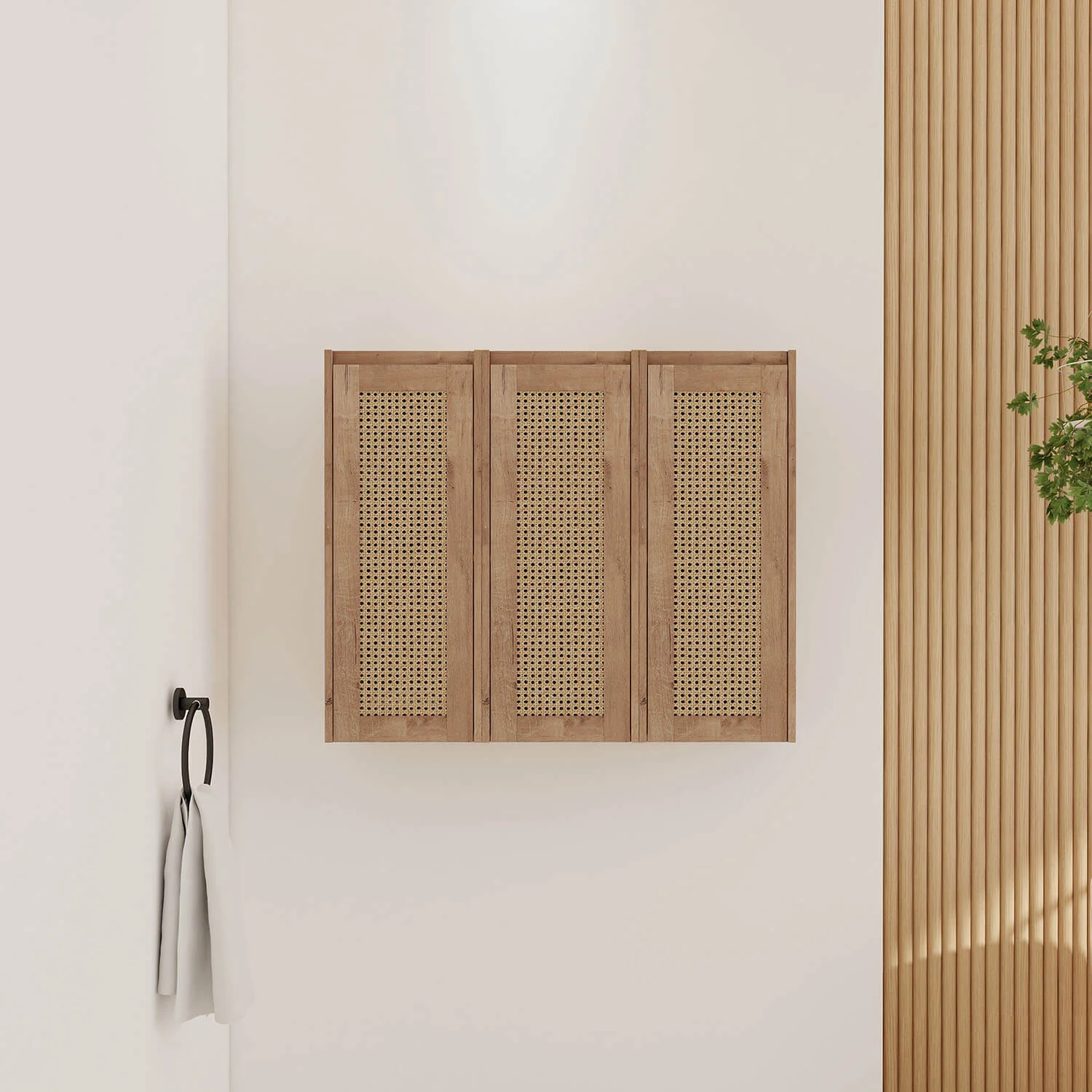 36" White Oak Bathroom Wall Cabinet with Rattan Door and Shelves
