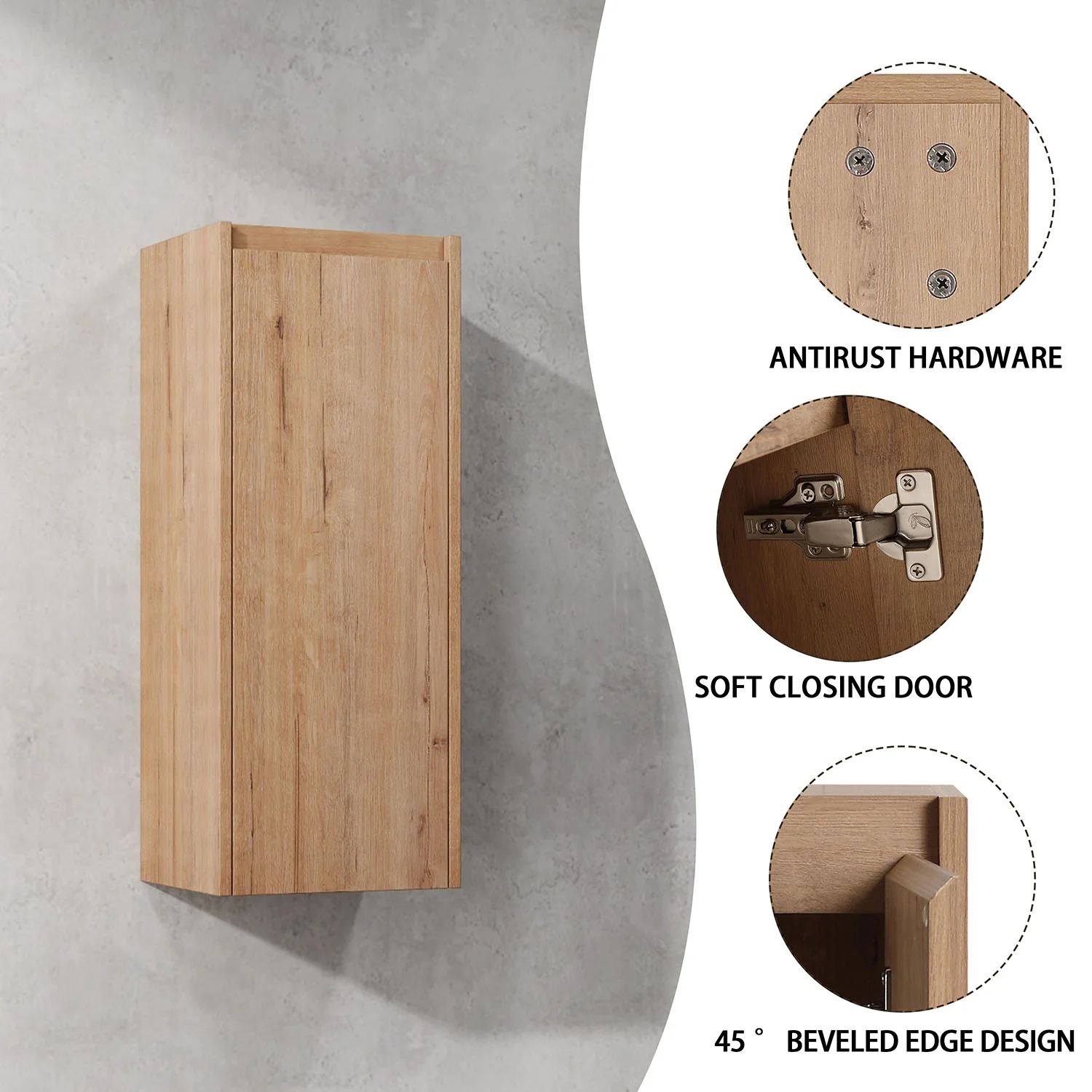 12" White Oak Bathroom Wall Cabinet with Soft Close Door and Shelf - Image 7