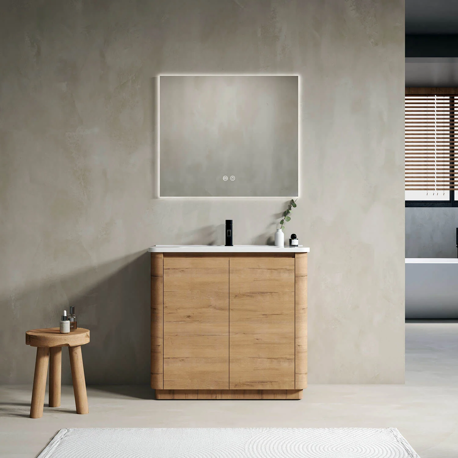 36" White Oak Freestanding Bathroom Vanity with White Ceramic Sink