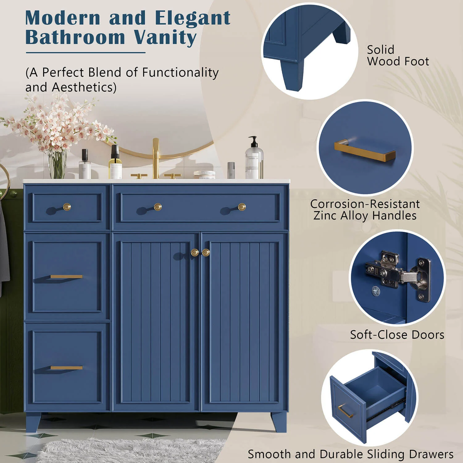 36" Navy Blue Bathroom Vanity with Ceramic Sink - Image 5
