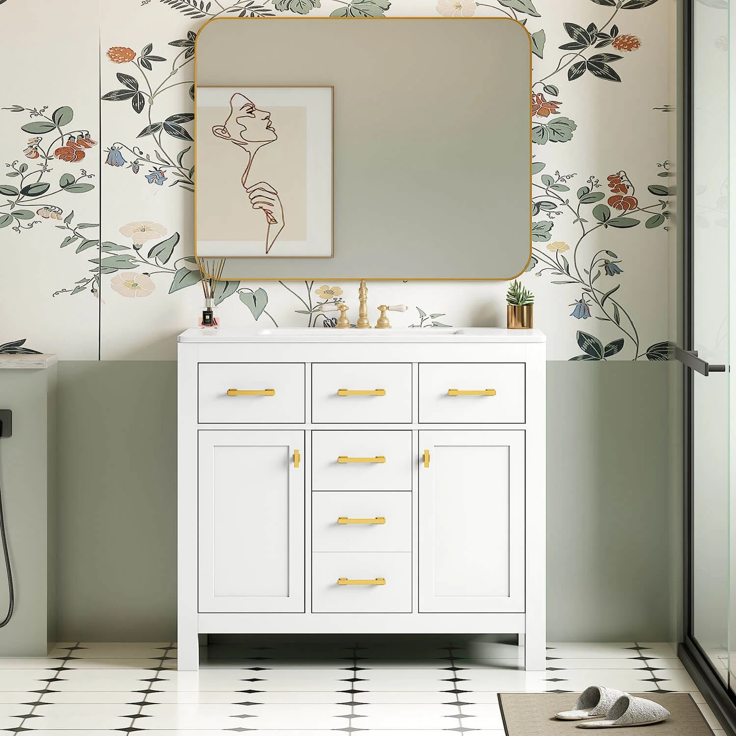 36" White Bathroom Storage Vanity with 3-Hole Ceramic Top