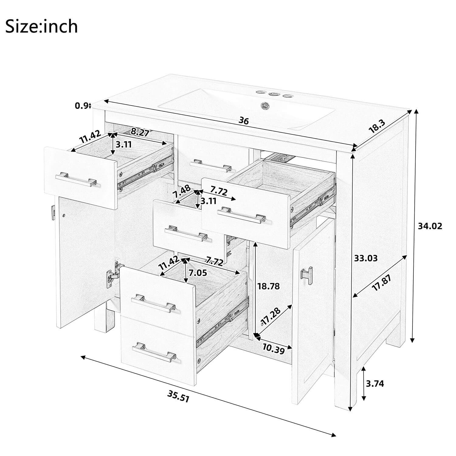 36" White Bathroom Storage Vanity with 3-Hole Ceramic Top - Image 11