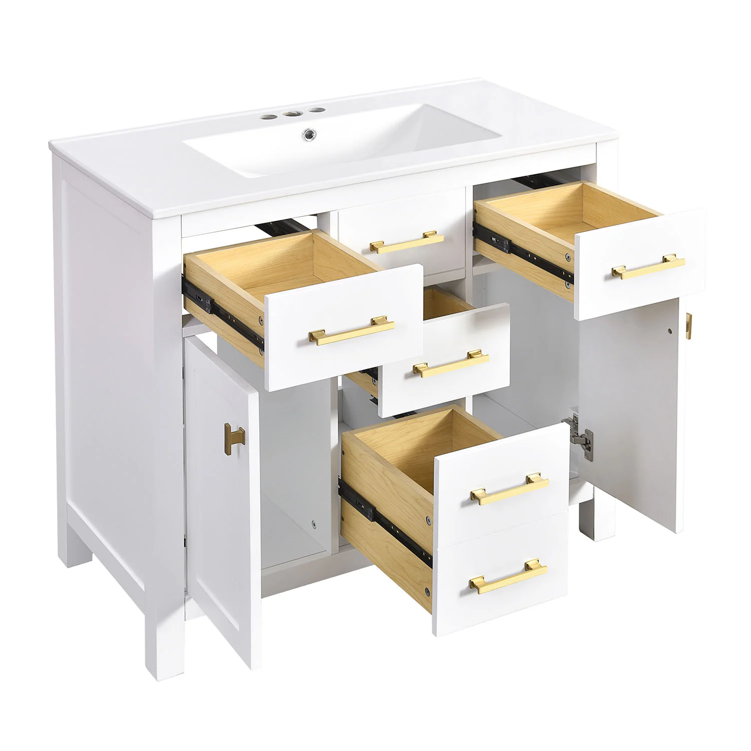 36" White Bathroom Storage Vanity with 3-Hole Ceramic Top - Image 8