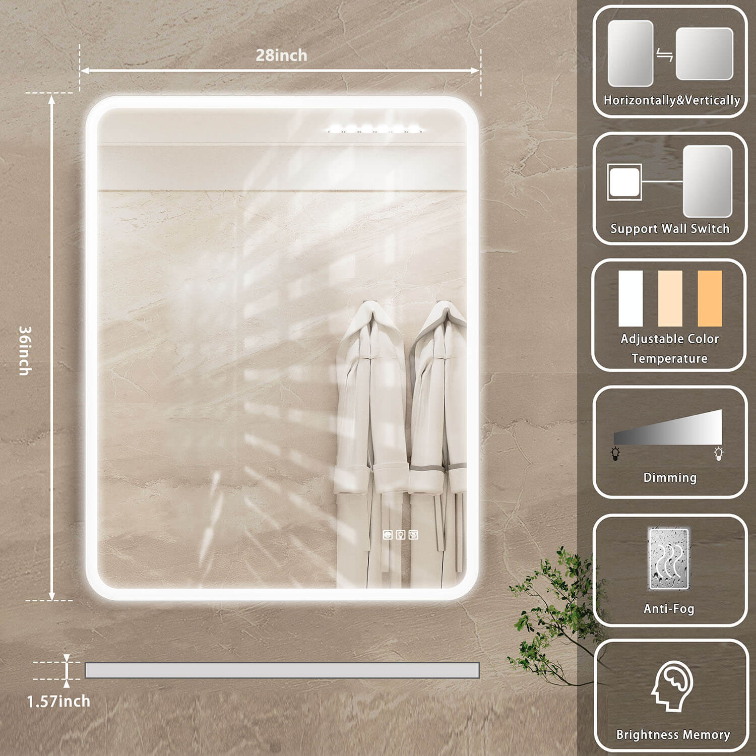 36" x 28" Rectangular Frameless Wall-Mount Anti-Fog LED Light Bathroom Mirror - Image 3