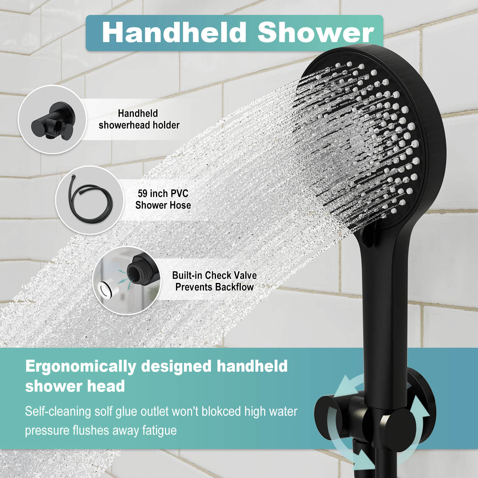 8" Shower Systems with Adjustable 3-Spray Cylindrical Shower Head And 6-Spray Handheld, Wall Mount - Image 7