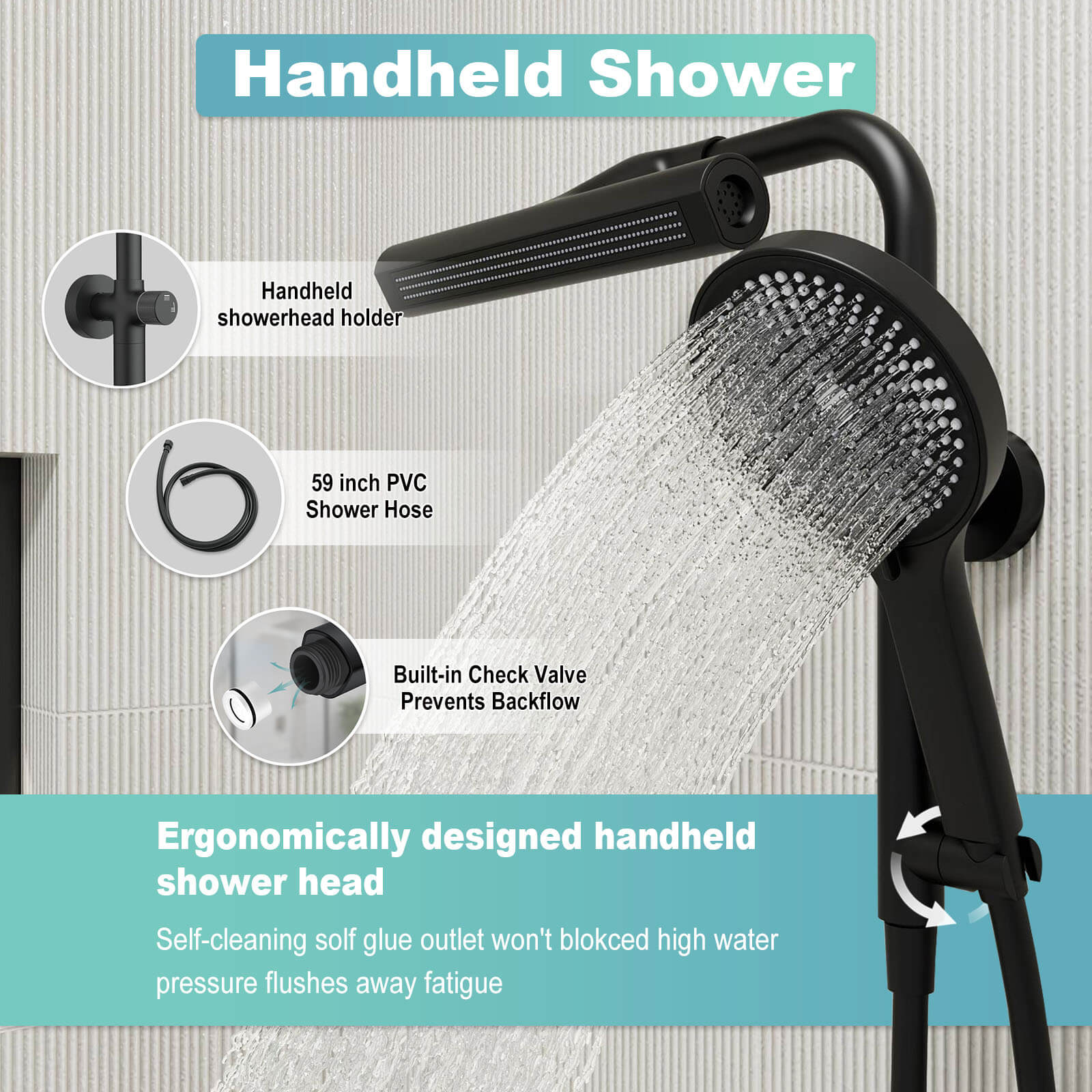 8" Wall Bar Shower Kit with 360° Rotate 3-Spray Cylindrical Shower Head And 6-Spray Handheld - Image 21