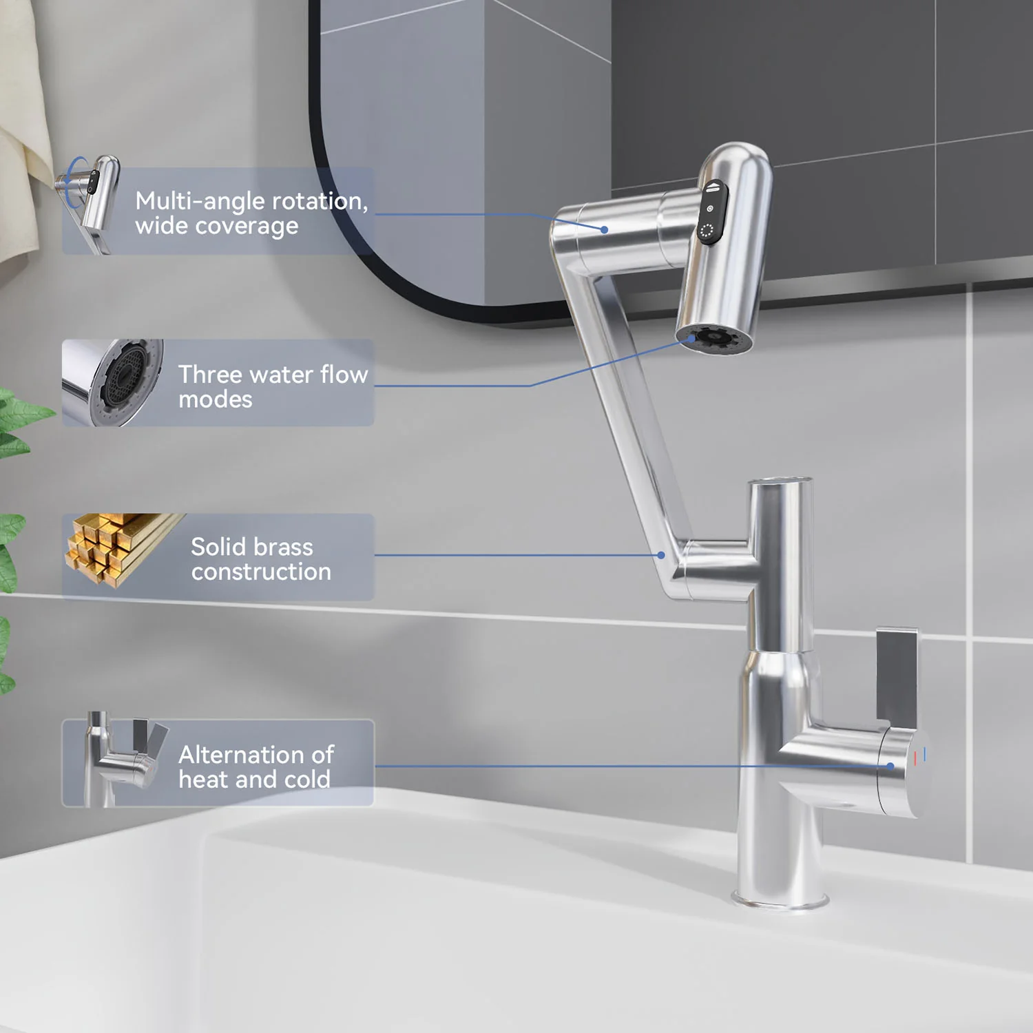 360° Rotary Chrome Bathroom Sink Faucet with Spray Function and Temperature Display, Anti-Slip Switch - Image 6