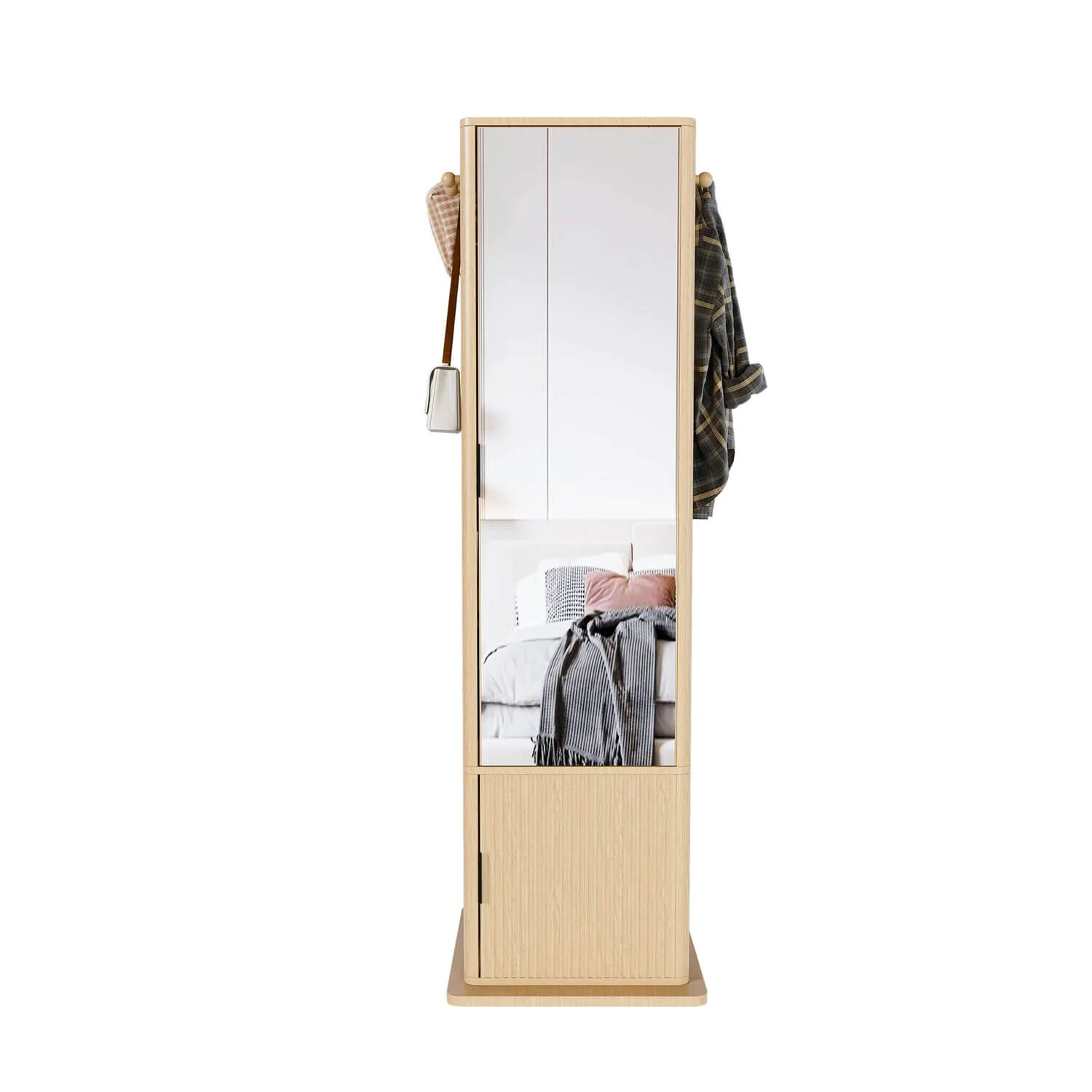 360° Walnut Rotating Makeup Jewelry Cabinet with Full Length Mirror & Coat Rack - Image 10