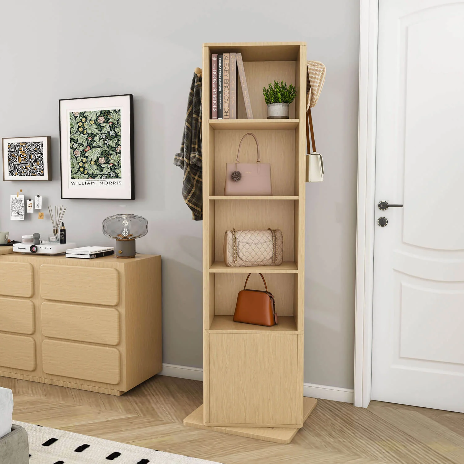 360° Walnut Rotating Makeup Jewelry Cabinet with Full Length Mirror & Coat Rack - Image 2