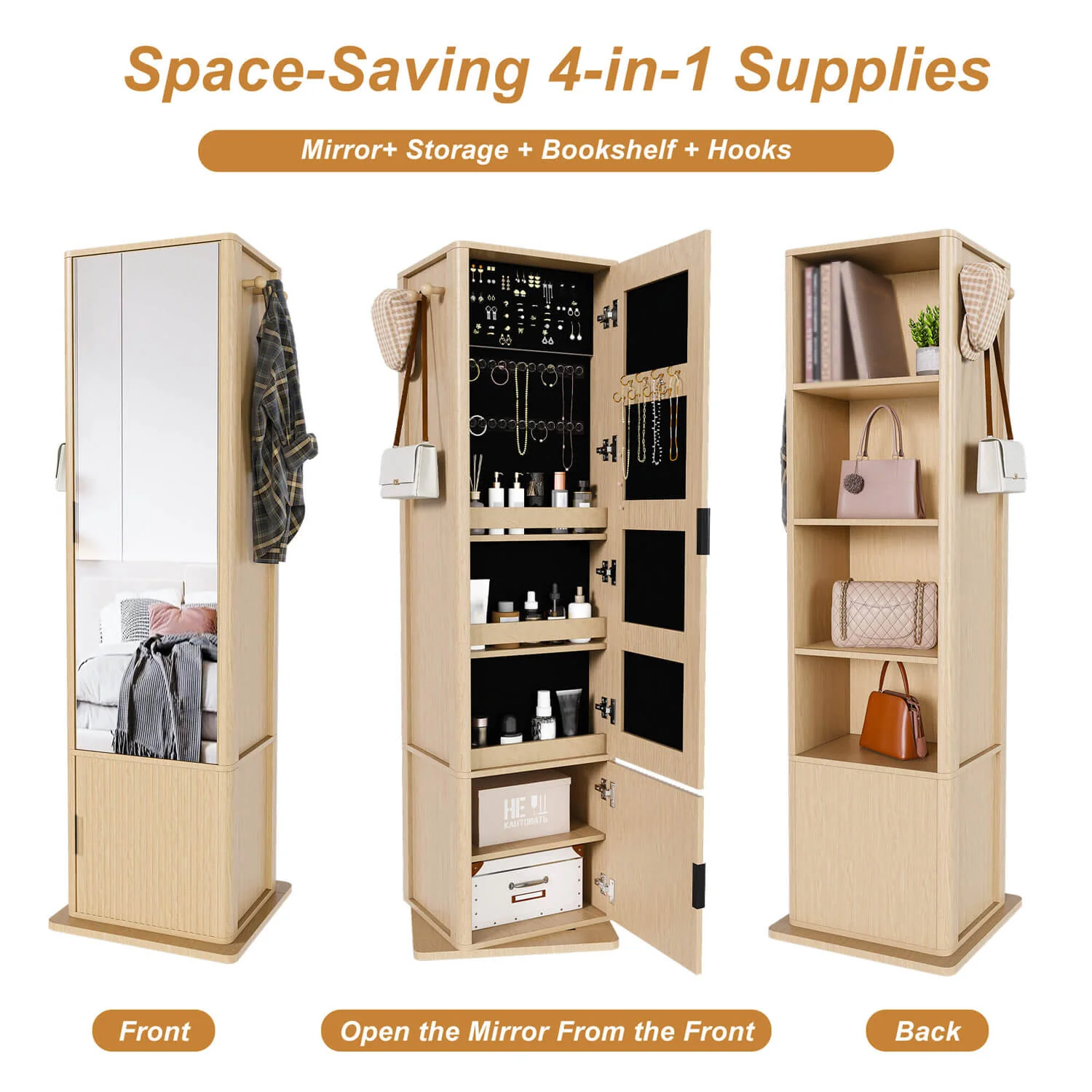 360° Walnut Rotating Makeup Jewelry Cabinet with Full Length Mirror & Coat Rack - Image 5