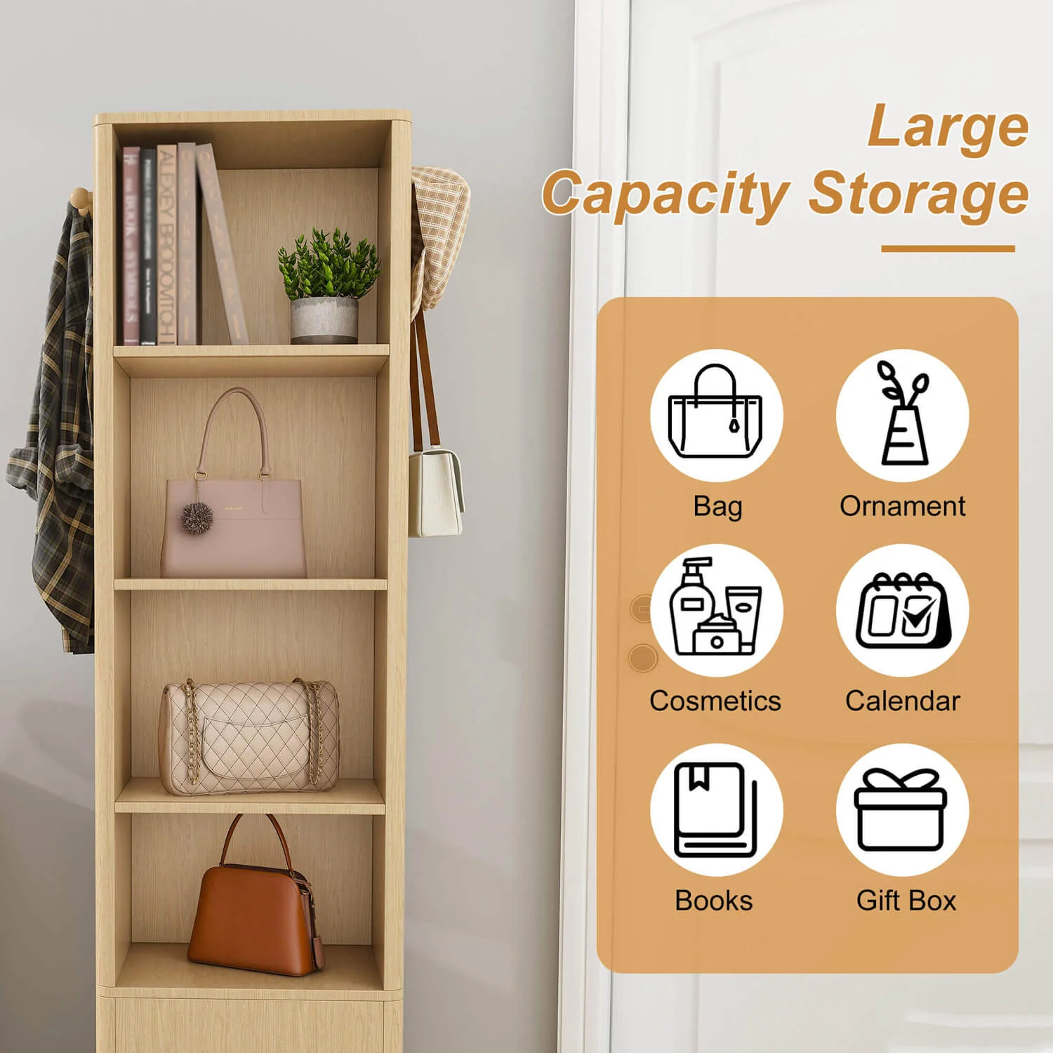 360° Walnut Rotating Makeup Jewelry Cabinet with Full Length Mirror & Coat Rack - Image 8