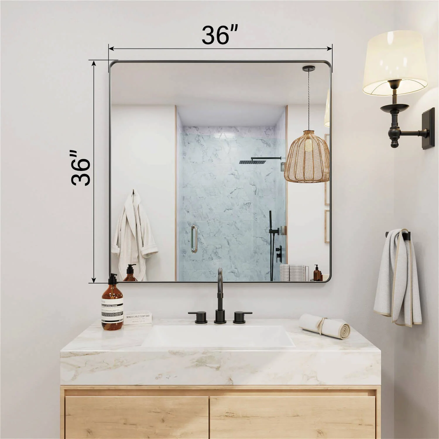 36"x36" Black Framed Mirror with Tempered Glass, Horizontal or Vertical - Image 4