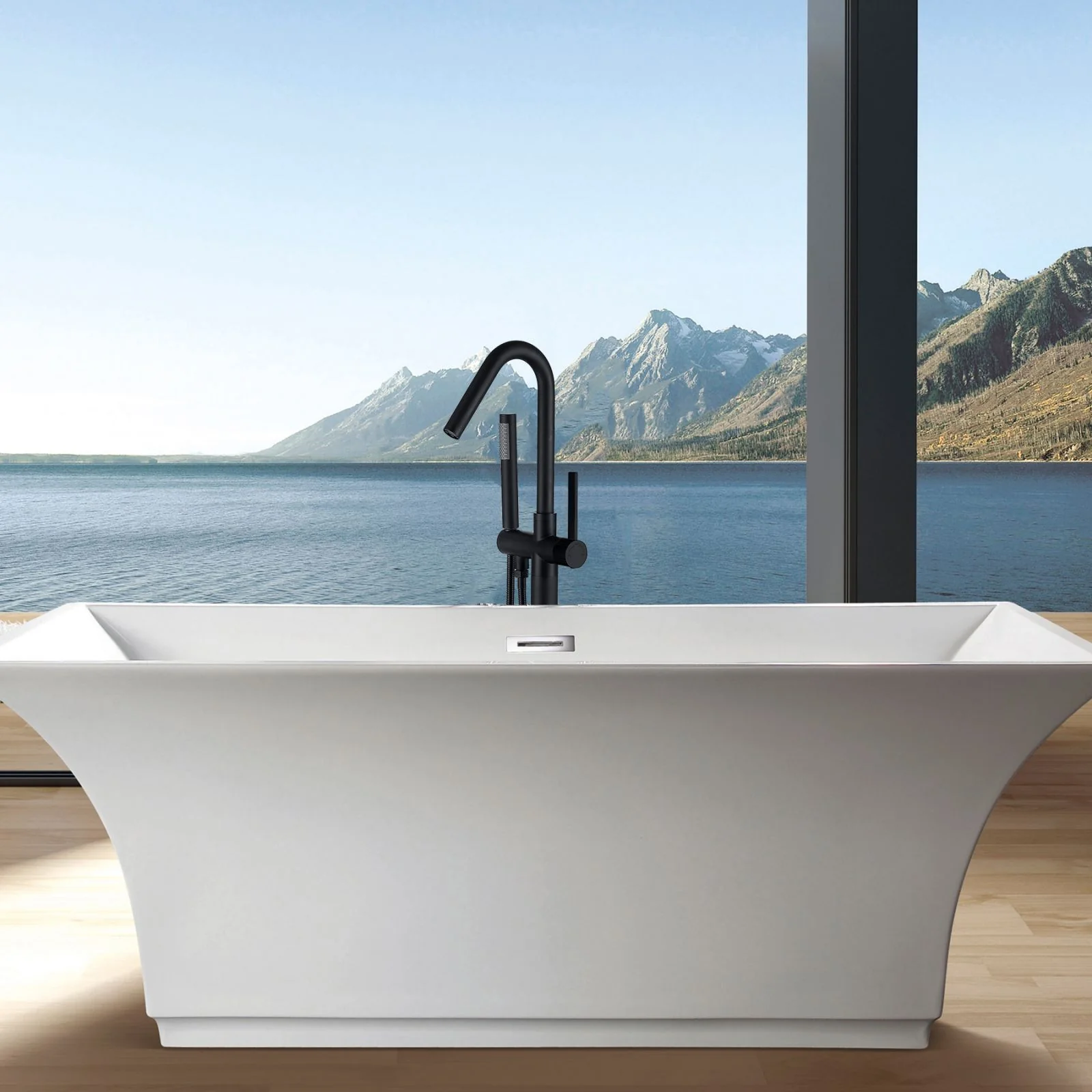 38" Hand Shower Streamline Freestanding Tub Filler Faucet, Chrome Polishing & Matte Black - Image 3