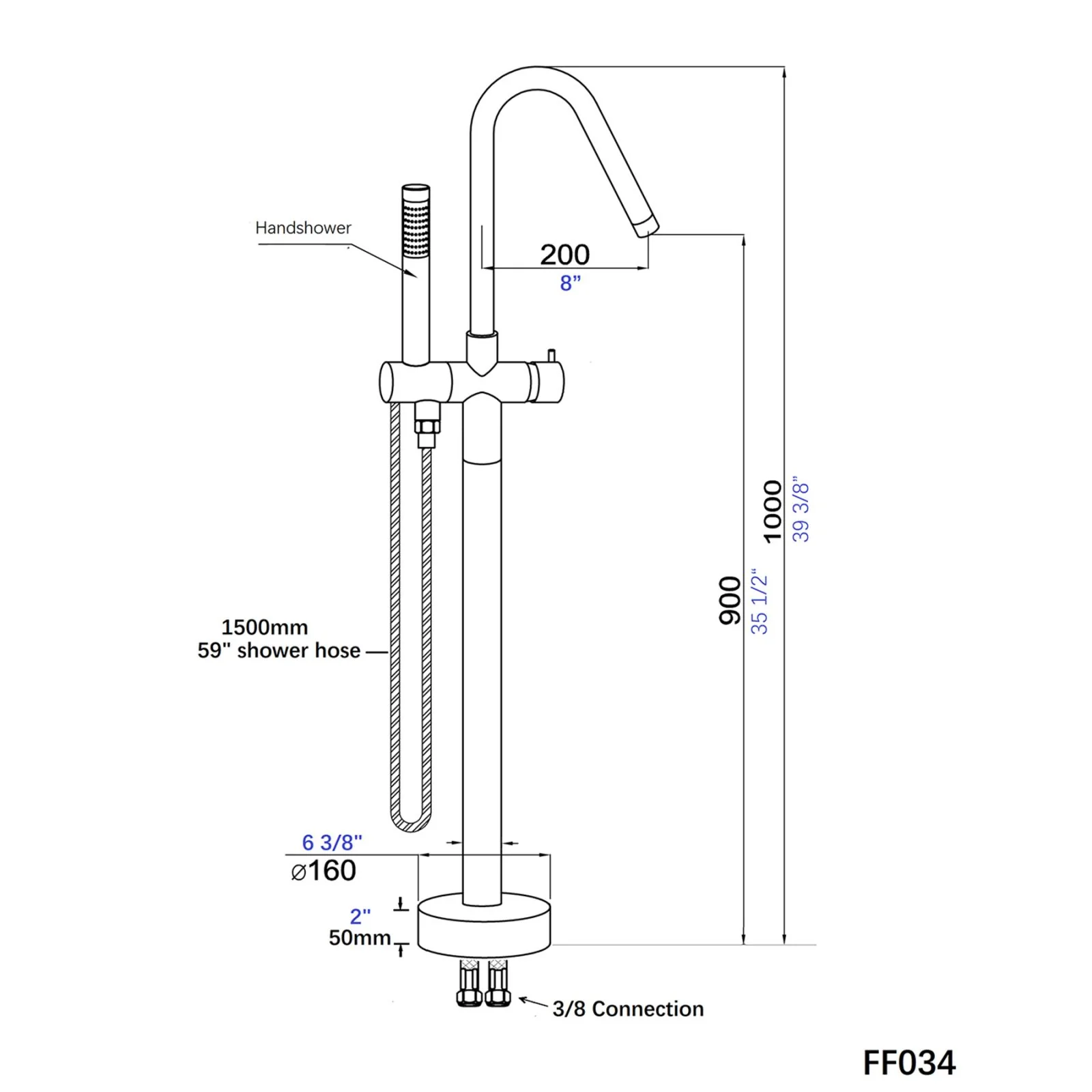38" Hand Shower Streamline Freestanding Tub Filler Faucet, Chrome Polishing & Matte Black - Image 5