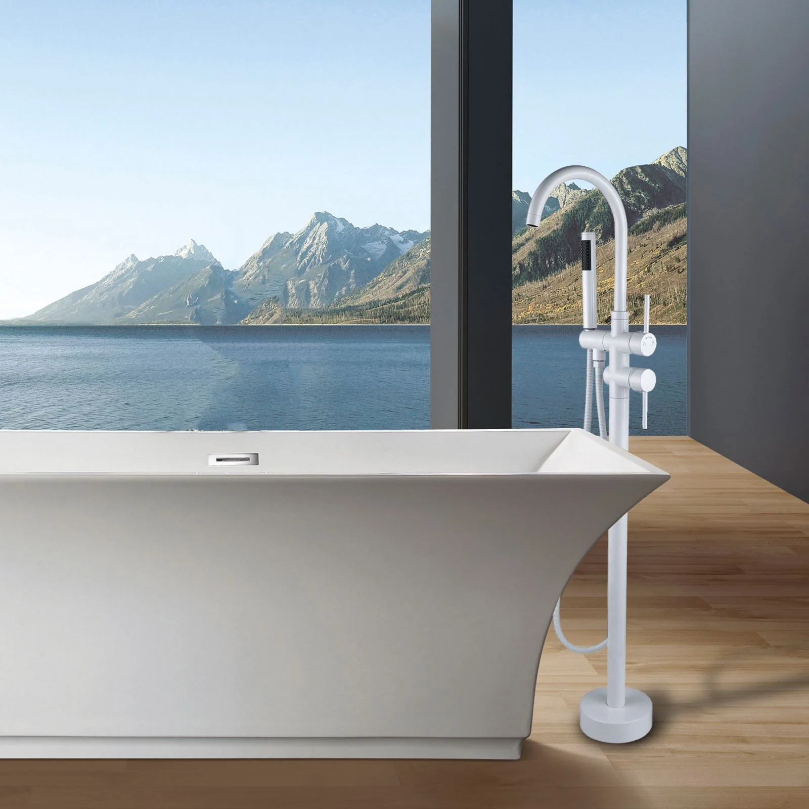 38" Sleek Silver Modern Freestanding Tub Filler Faucet, Metal & Natural - Image 3