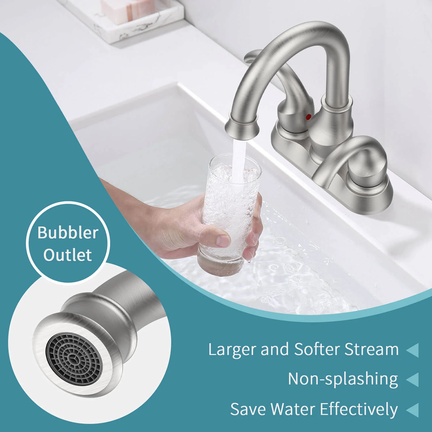 4 Inch 2 Handle Brushed Nickel Bathroom Faucet with Pop-Up Drain and Supply Hoses - Image 2