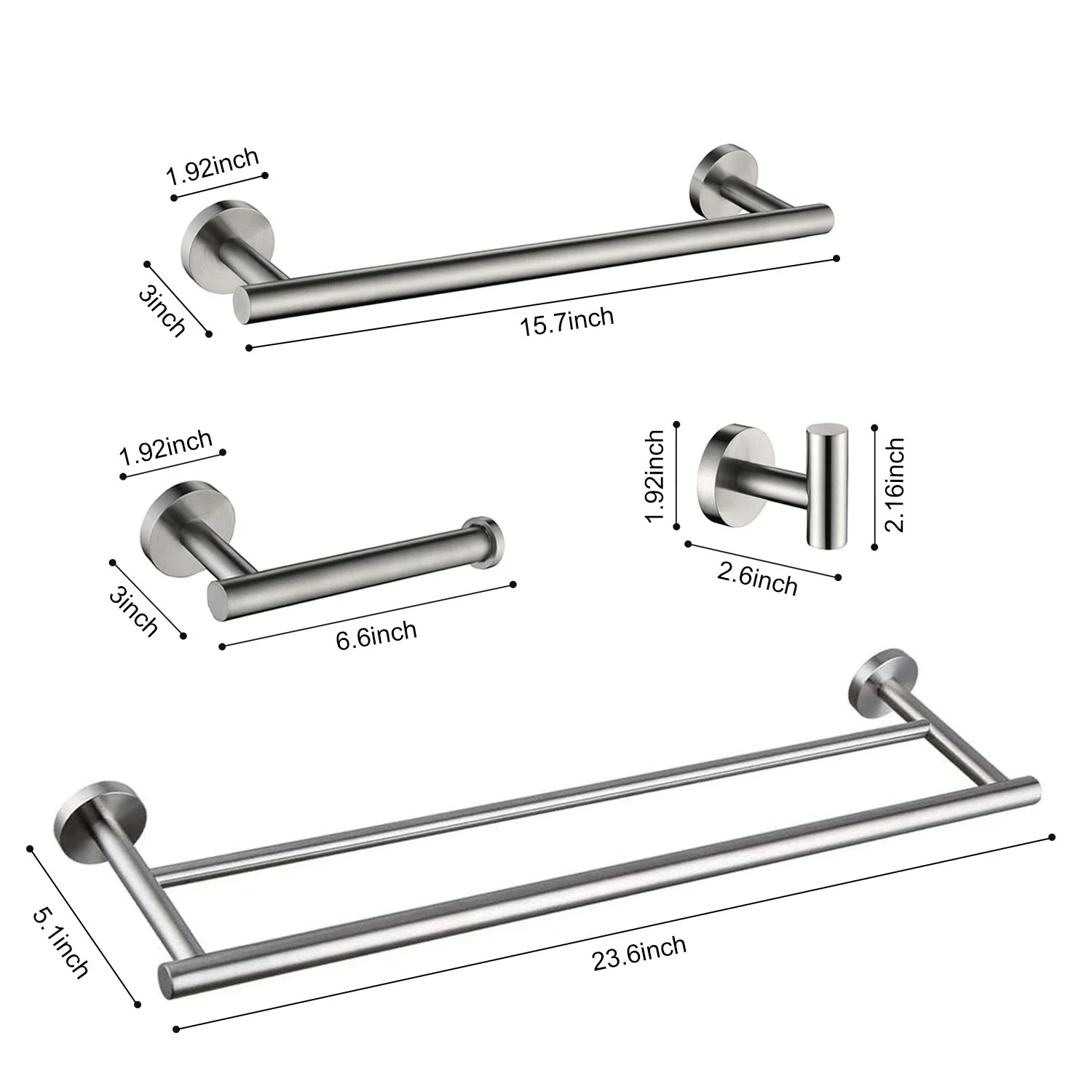 4-Piece Brushed Nickel Bathroom Hardware Set with 24" Double Towel Bar - Image 7