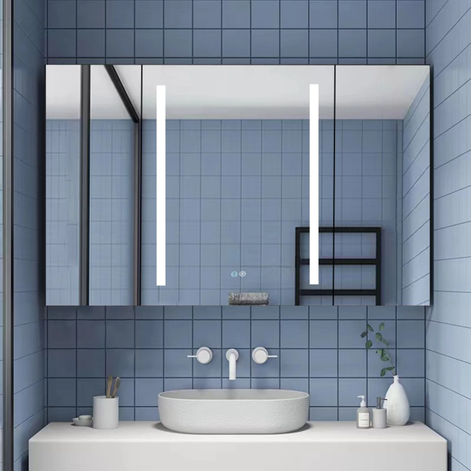 40" x 30" Dimmer Black Surface Mount LED Double Door Defogging Mirror Medicine Cabinet - Image 4