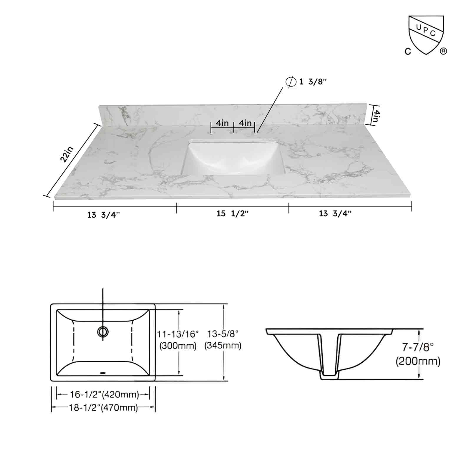 43" x 22" Carrara Marble Vanity Top with 3 Faucet Holes - Image 9