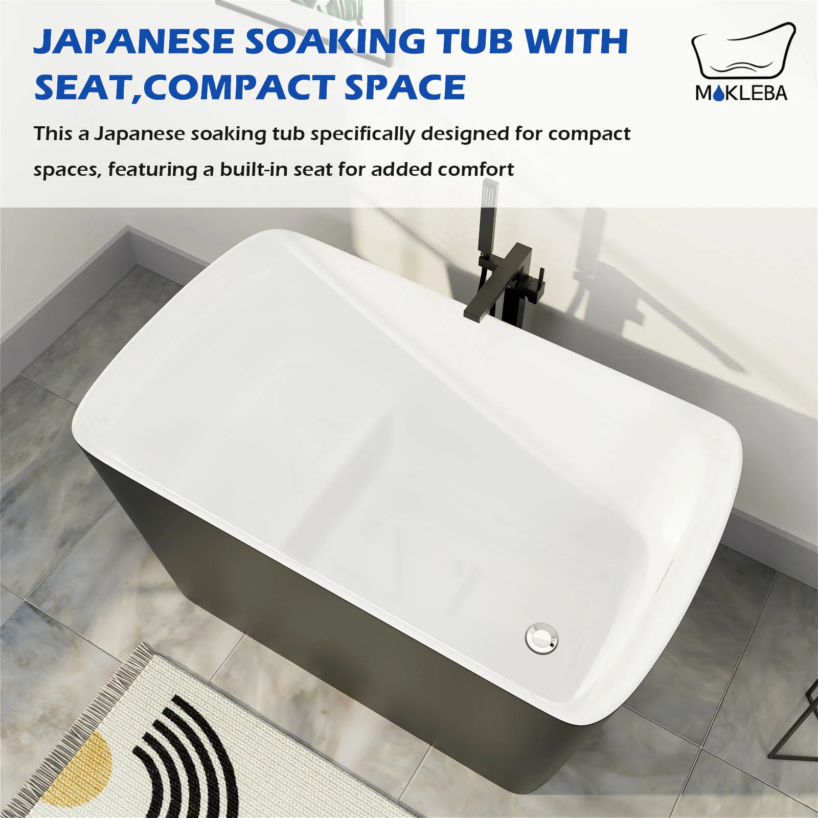 Mokleba 47" Acrylic Freestanding Japanese Soaking Bathtub with Built-in Seat Matte Black - Image 5