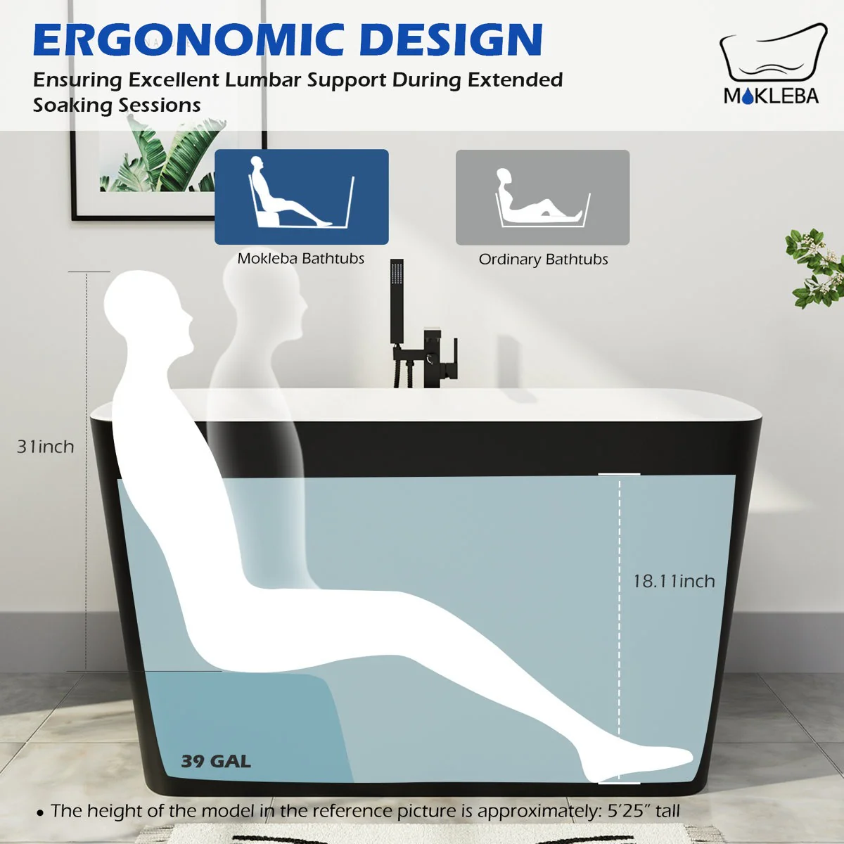 Mokleba 47" Acrylic Freestanding Japanese Soaking Bathtub with Built-in Seat Matte Black - Image 6