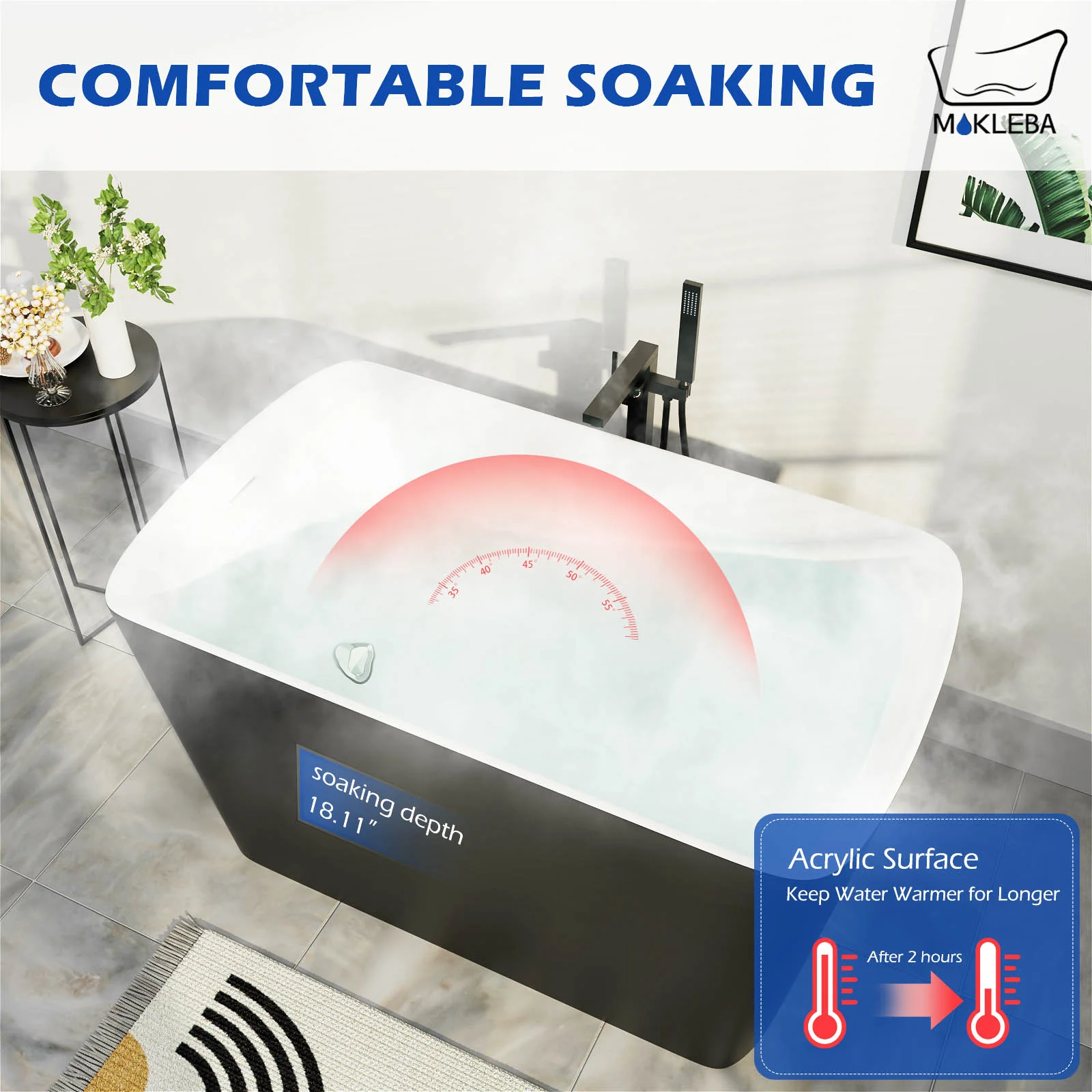Mokleba 47" Acrylic Freestanding Japanese Soaking Bathtub with Built-in Seat Matte Black - Image 8