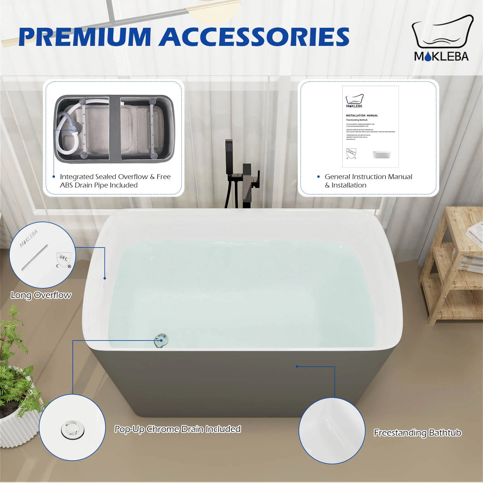 Mokleba 47" Acrylic Small Freestanding Tub Modern Japanese Soaking Bathtub - Image 17