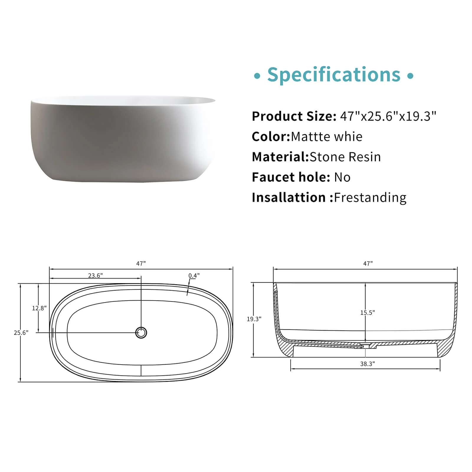 47" Compact Freestanding Stone Resin Bathtub - Image 11