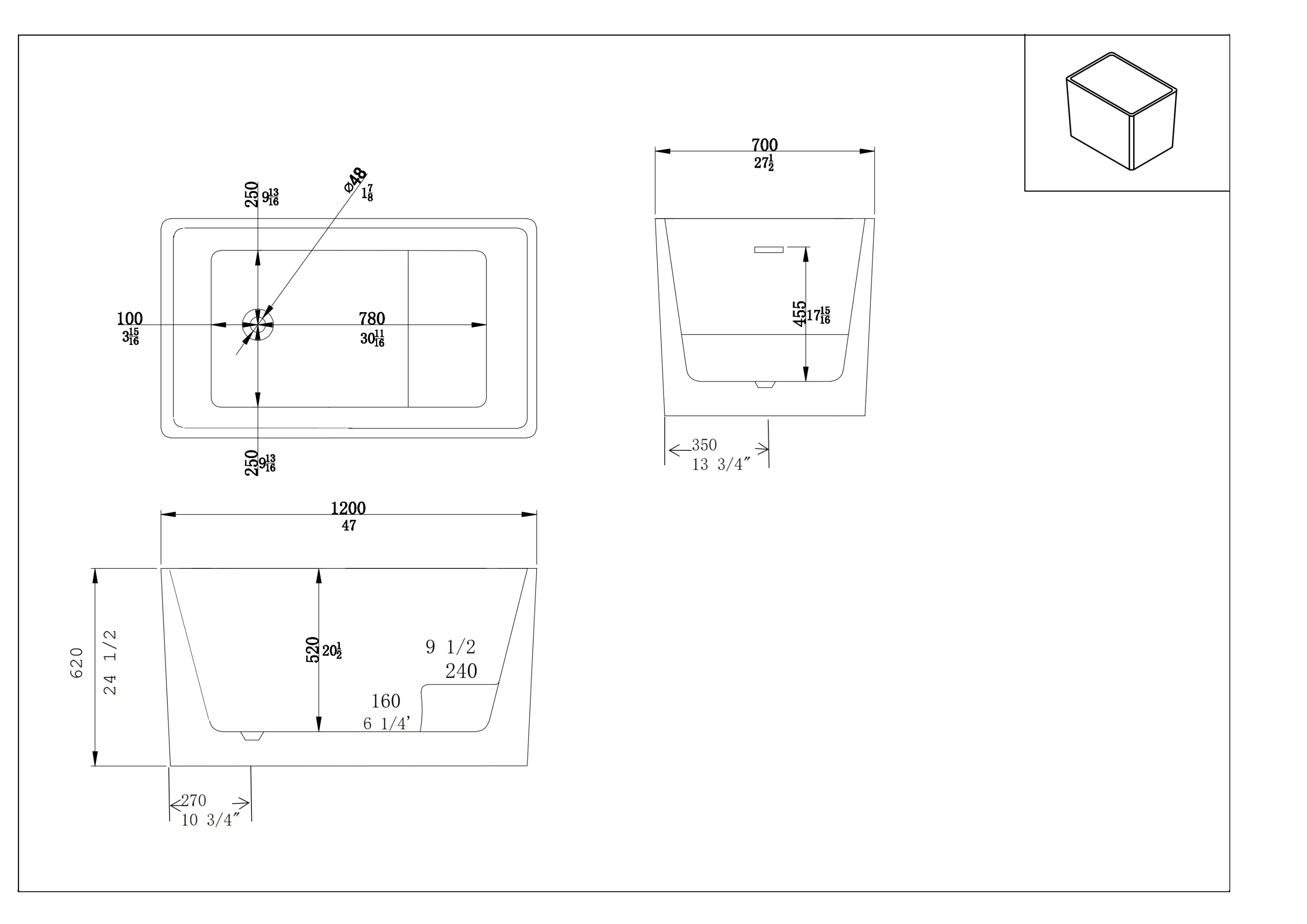 47" Rectangular Acrylic Soaking Bathtub with Built-In Seat - Image 7