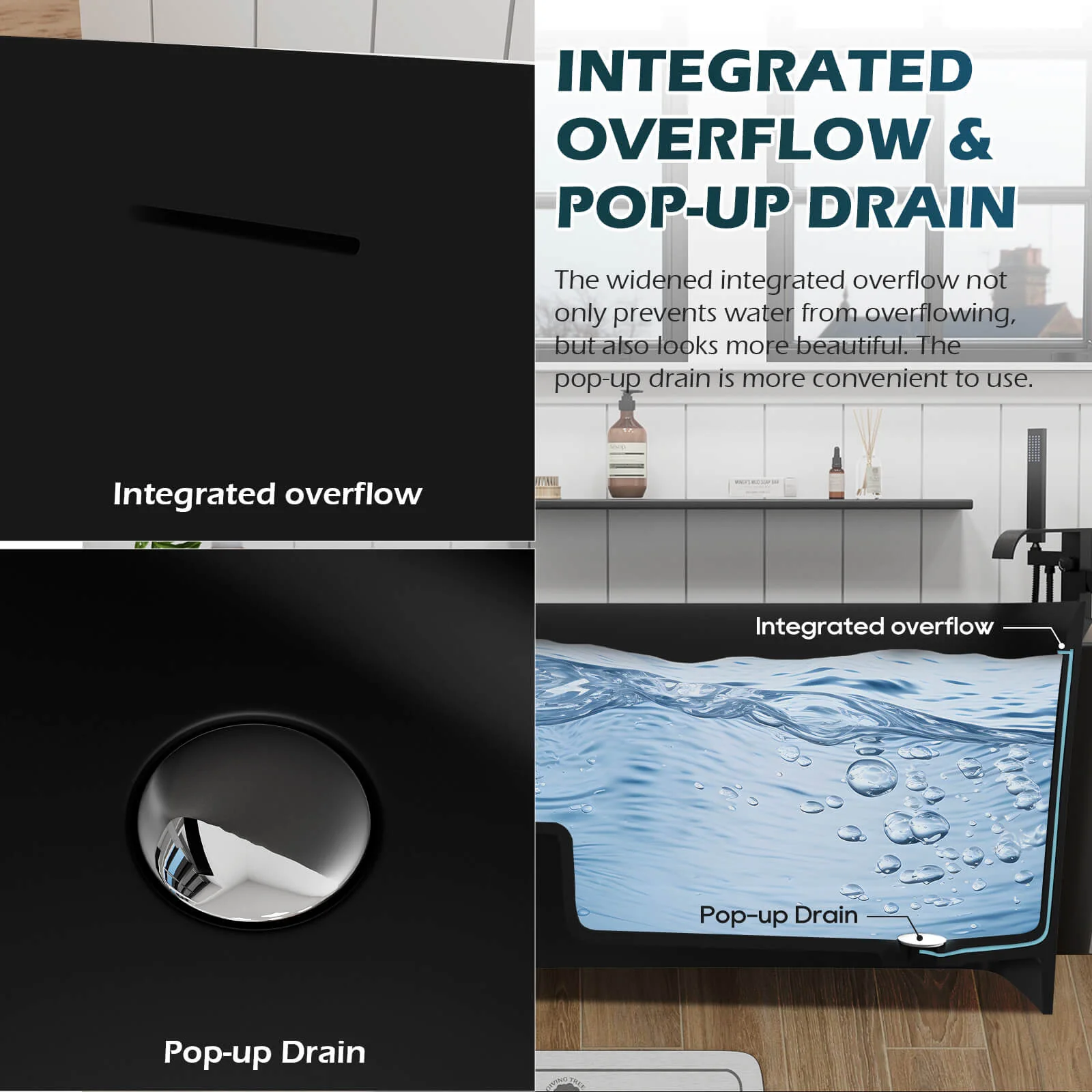 47" Stone Resin Black Small Freestanding Japanese Soaking Tub with Seat, Reversible Drain - Image 11
