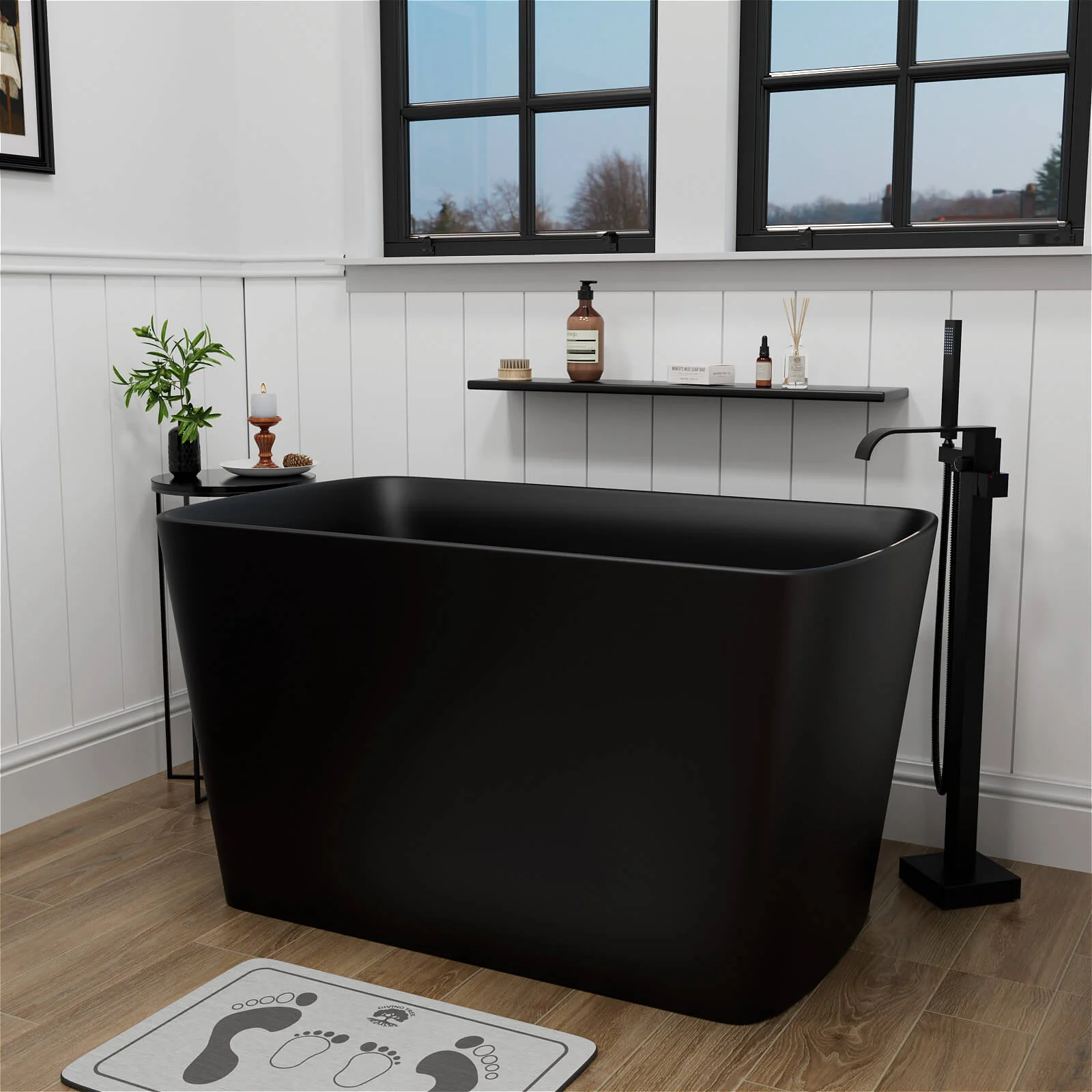 47" Stone Resin Black Small Freestanding Japanese Soaking Tub with Seat, Reversible Drain - Image 3