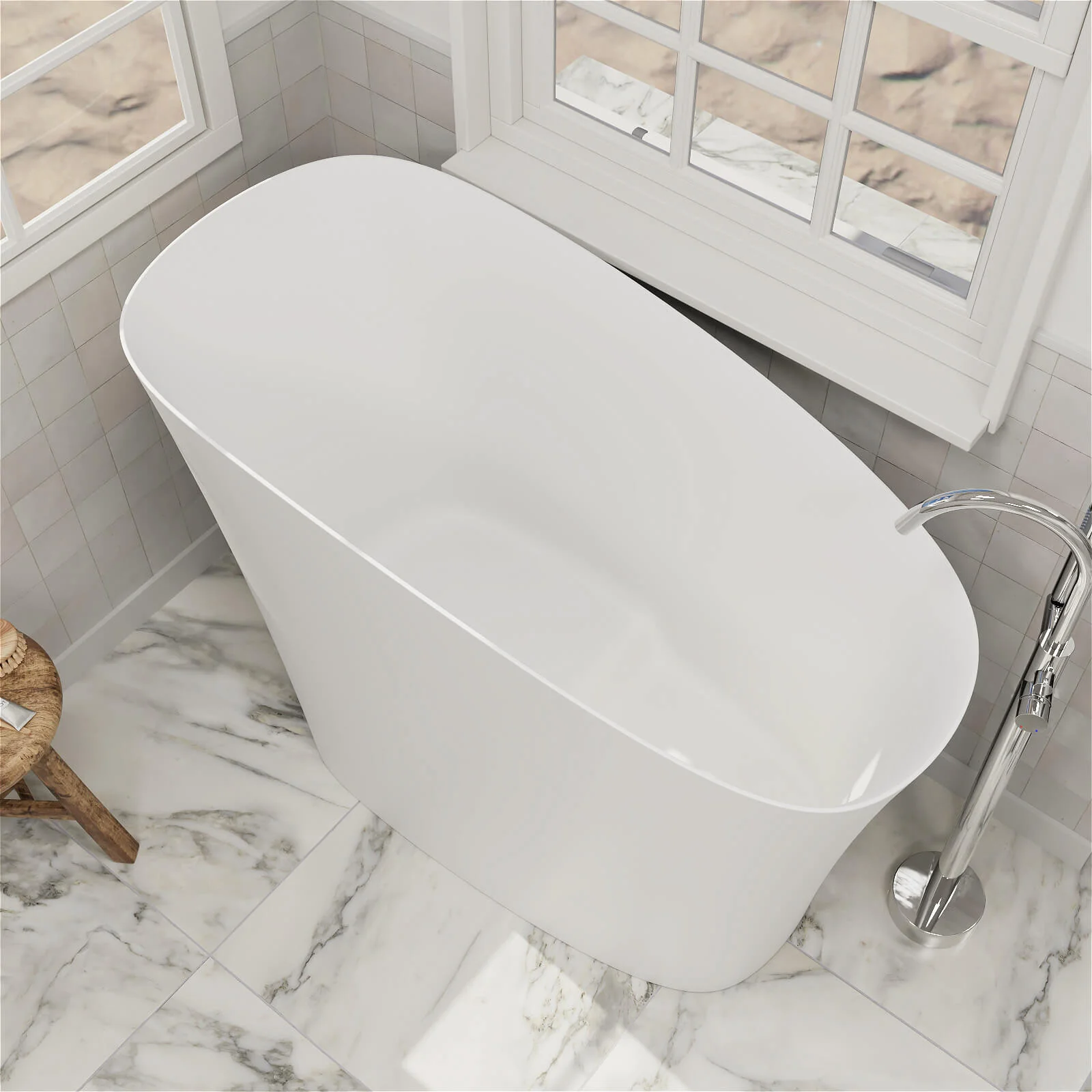 47" Single Slipper Freestanding Japanese Soaking Bathtub Solid Surface Stone Resin Tub with Built-in Seat - Image 4