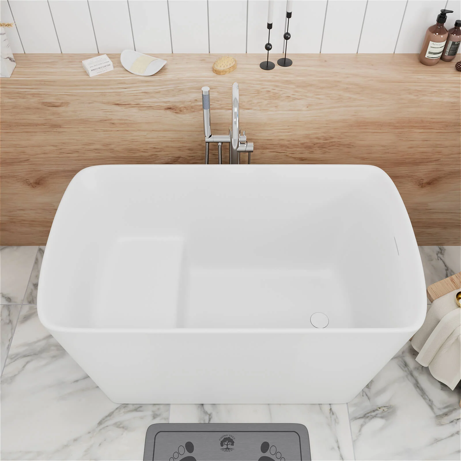 47" Solid Surface Stone Resin Freestanding Japanese Soaking Bathtub with Built-in Seat - Image 12
