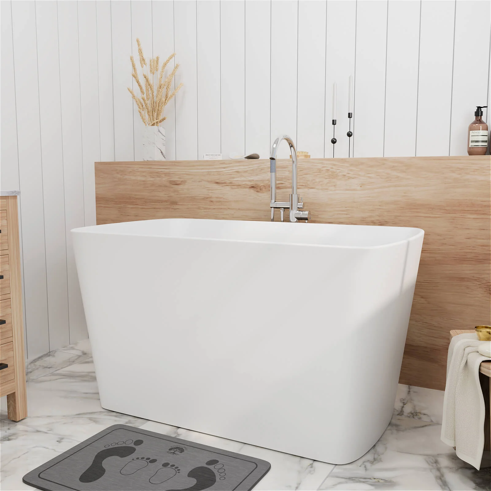 47" Solid Surface Stone Resin Freestanding Japanese Soaking Bathtub with Built-in Seat - Image 13