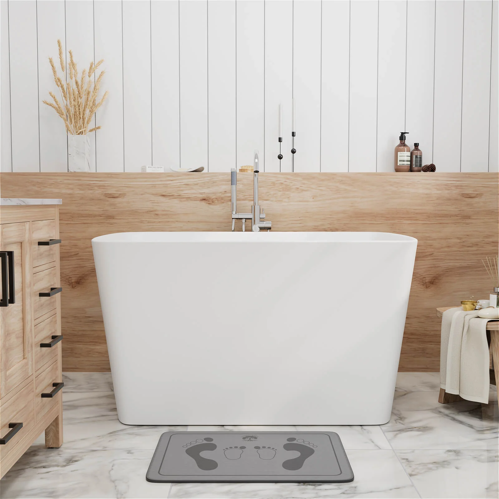 47" Solid Surface Stone Resin Freestanding Japanese Soaking Bathtub with Built-in Seat - Image 14