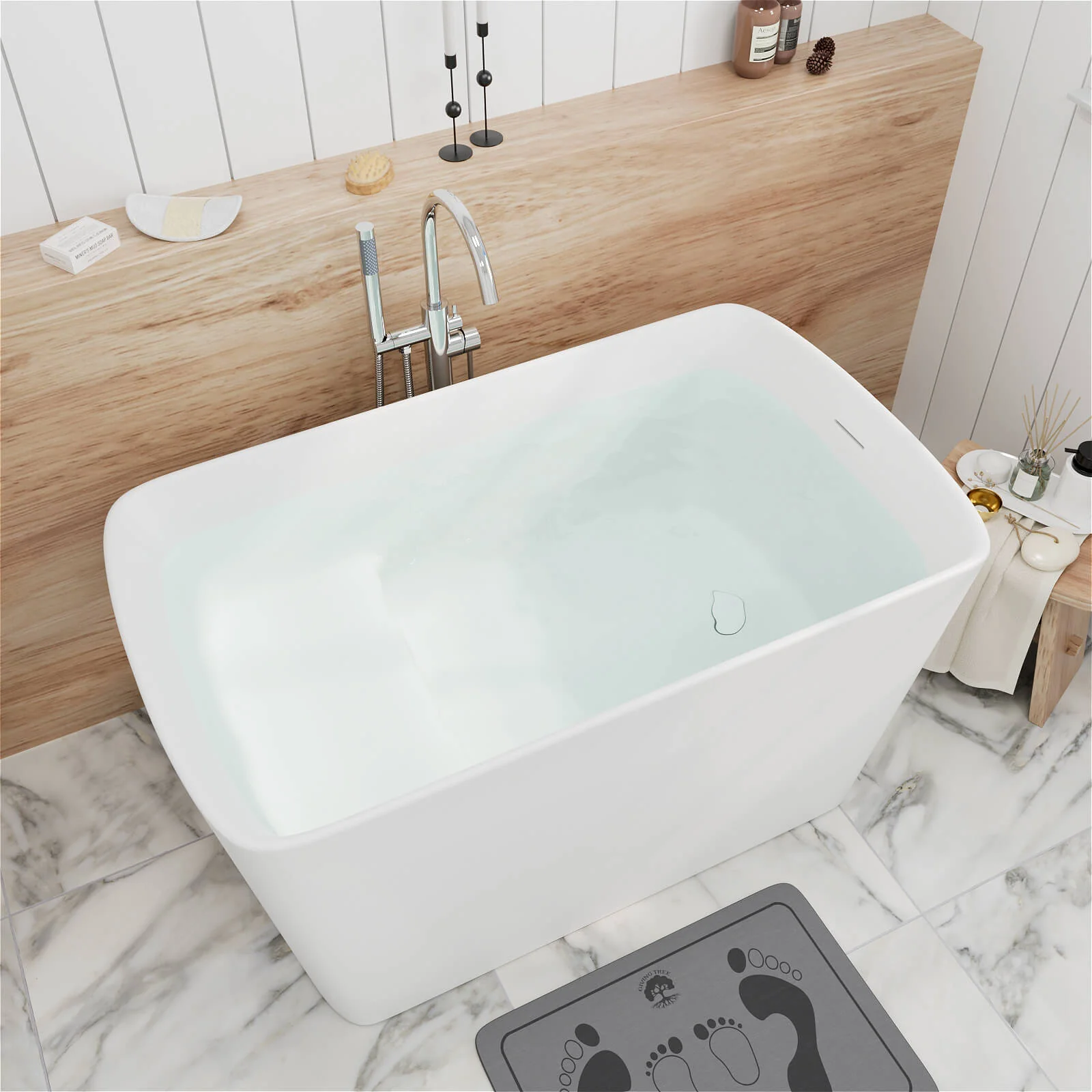 47" Solid Surface Stone Resin Freestanding Japanese Soaking Bathtub with Built-in Seat - Image 3