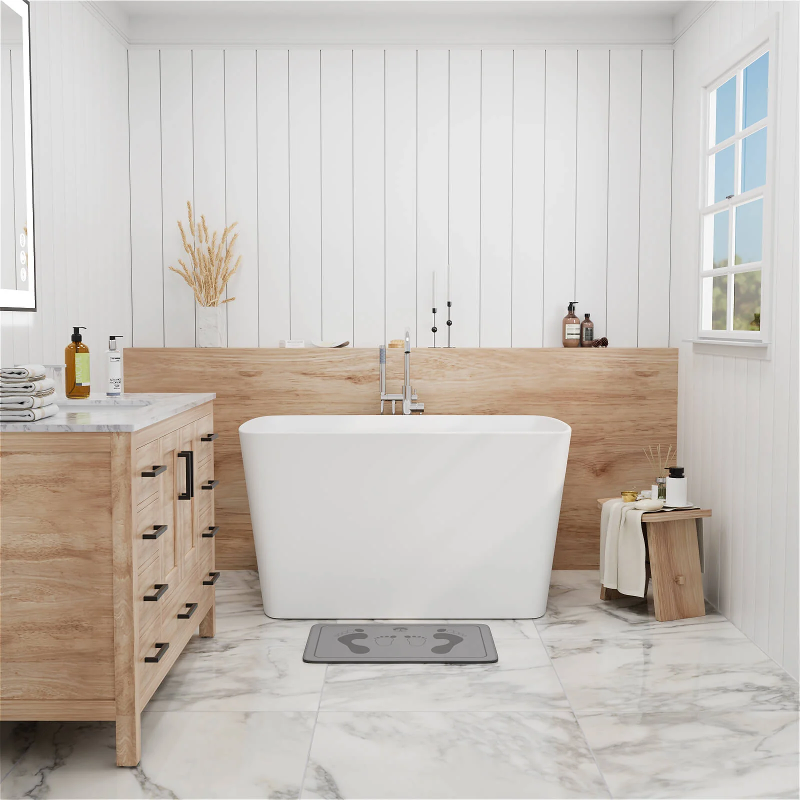47" Solid Surface Stone Resin Freestanding Japanese Soaking Bathtub with Built-in Seat - Image 4