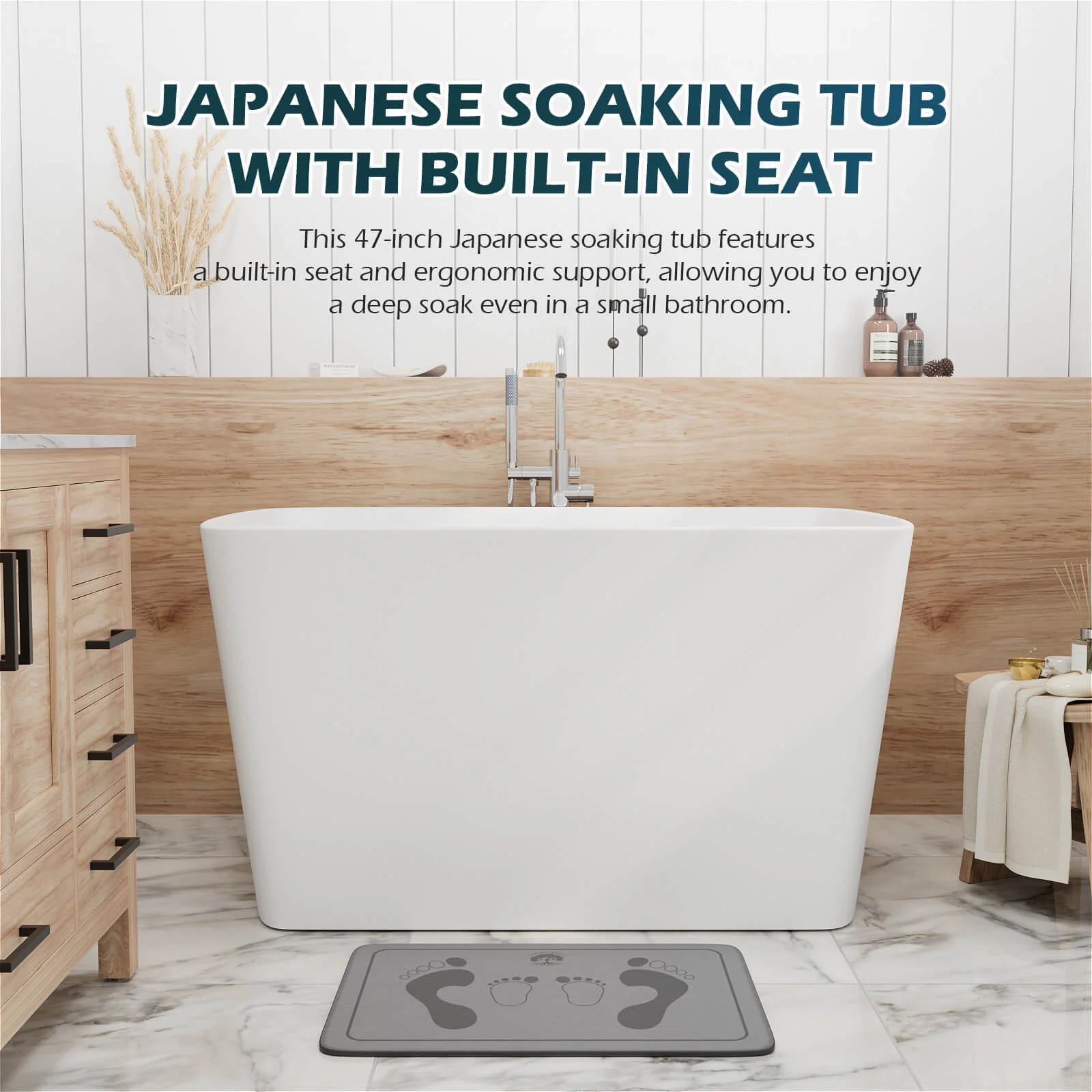 47" Solid Surface Stone Resin Freestanding Japanese Soaking Bathtub with Built-in Seat - Image 5
