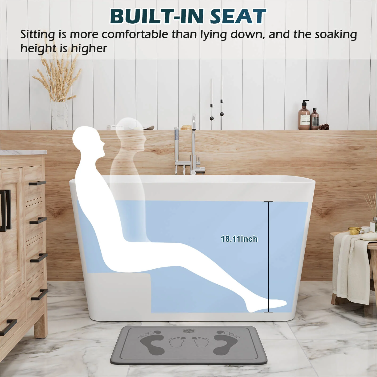 47" Solid Surface Stone Resin Freestanding Japanese Soaking Bathtub with Built-in Seat - Image 6