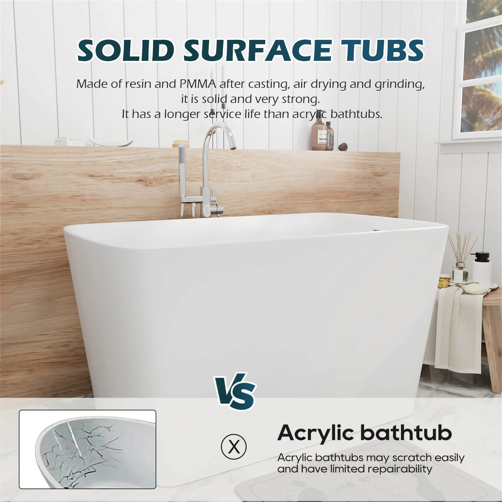 47" Solid Surface Stone Resin Freestanding Japanese Soaking Bathtub with Built-in Seat - Image 8