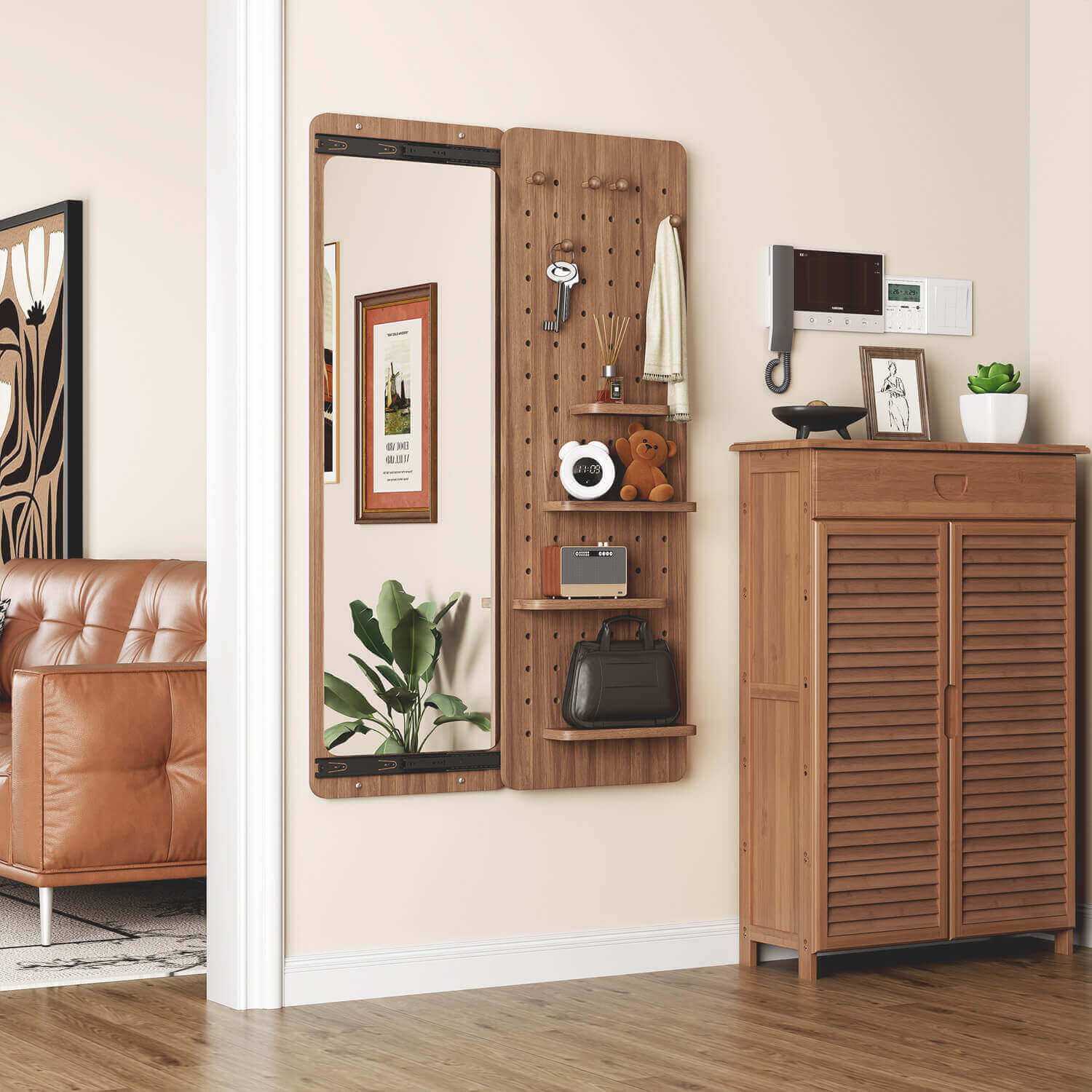 47"x15" Walnut Wall Mounted Full Length Mirror with Sliding Shelves & Hooks - Image 2
