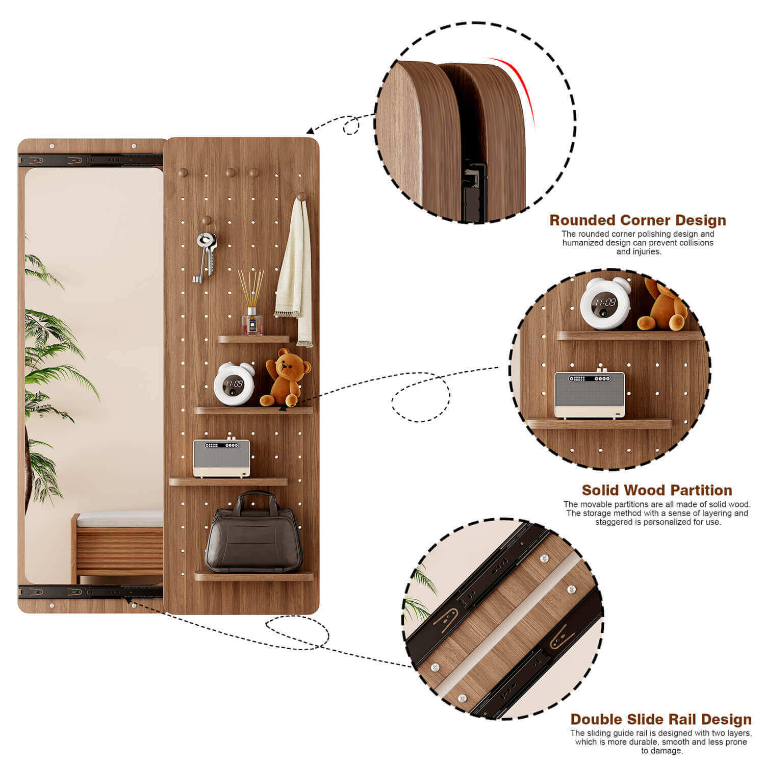 47"x15" Walnut Wall Mounted Full Length Mirror with Sliding Shelves & Hooks - Image 3