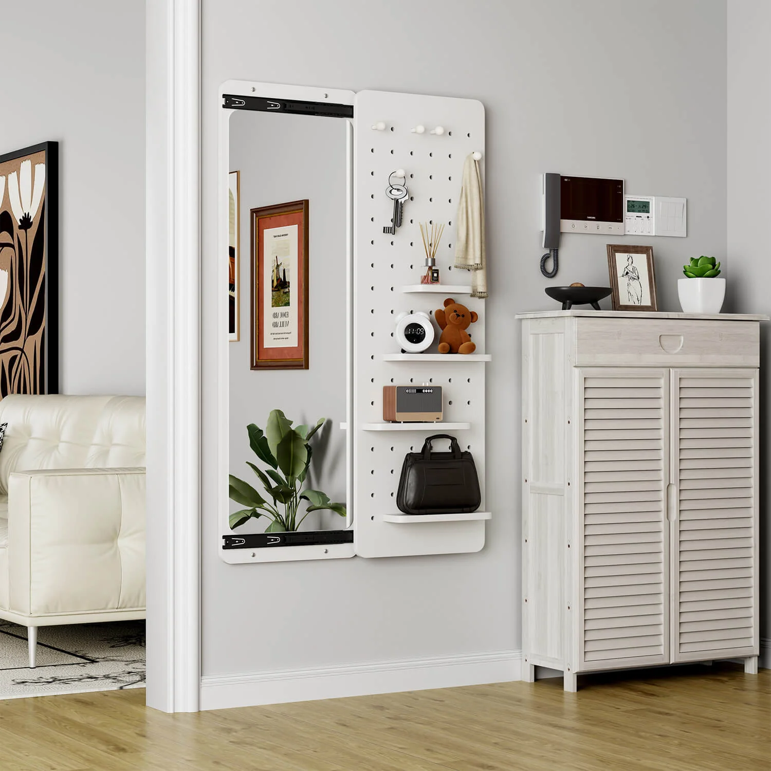 47"x15" White Wall Mounted Full Length Mirror with Sliding Shelves & Hooks - Image 3