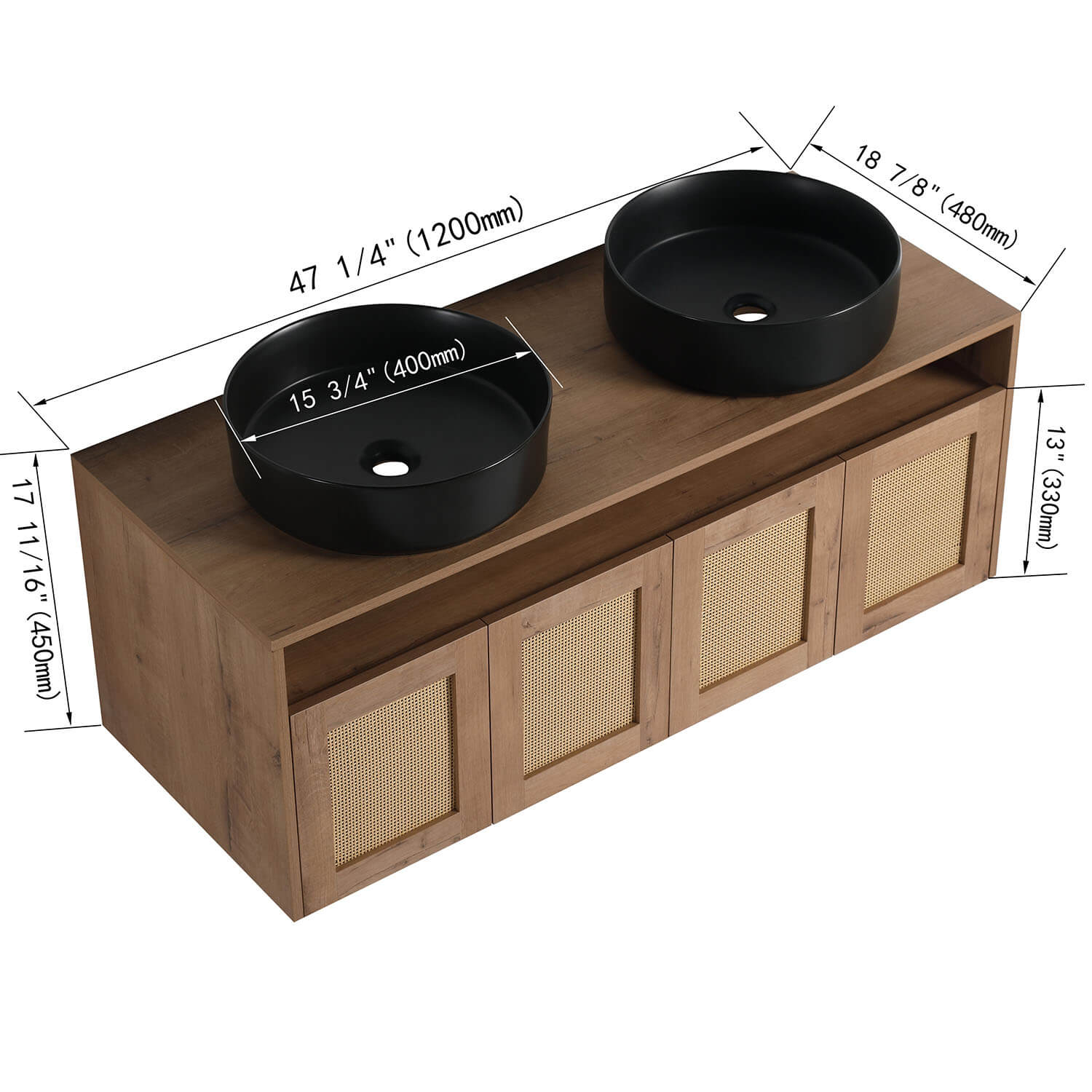 48" Double Basin Floating Vanity with Black Ceramic Sink and White Oak Cabinet - Image 4
