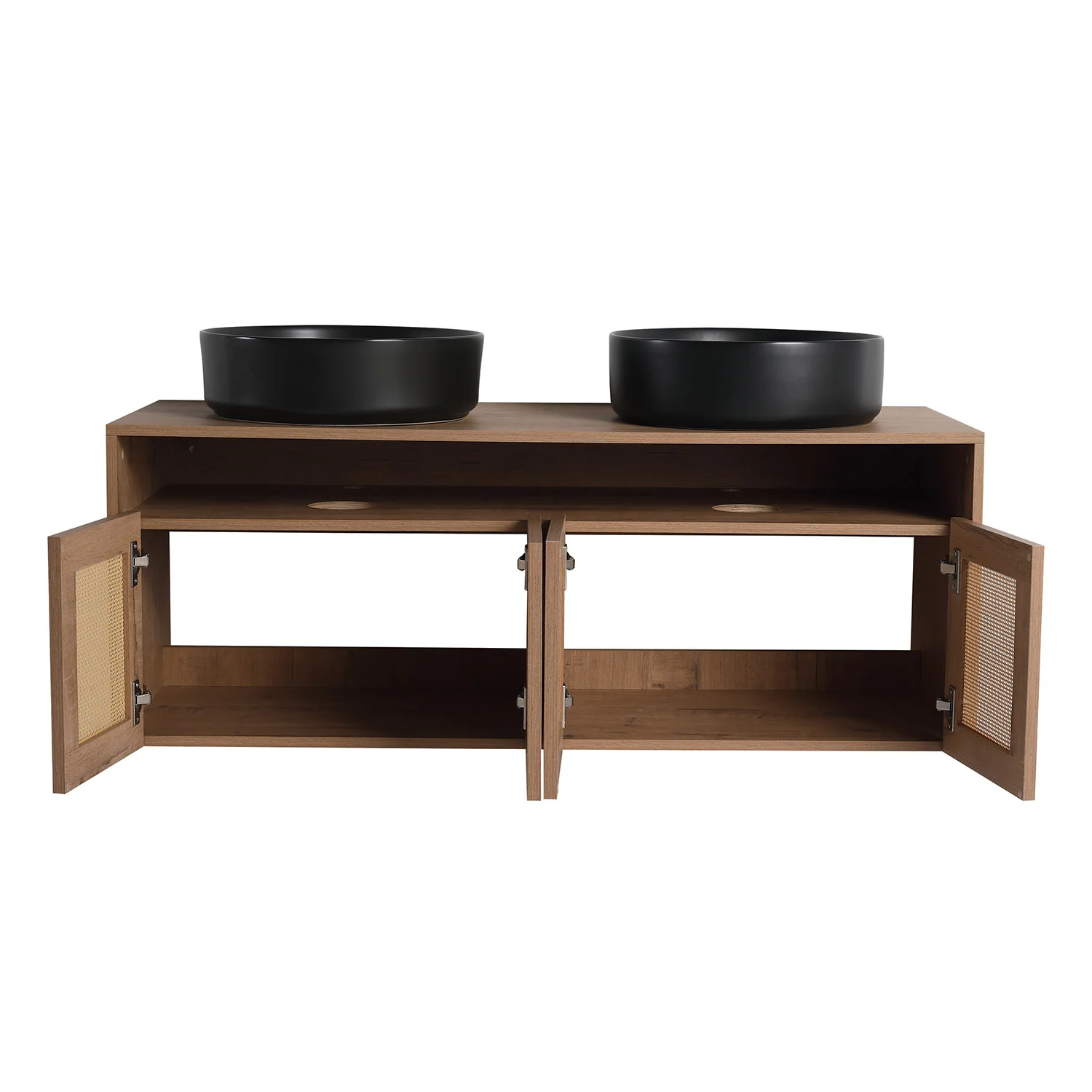 48" Double Basin Floating Vanity with Black Ceramic Sink and White Oak Cabinet - Image 5