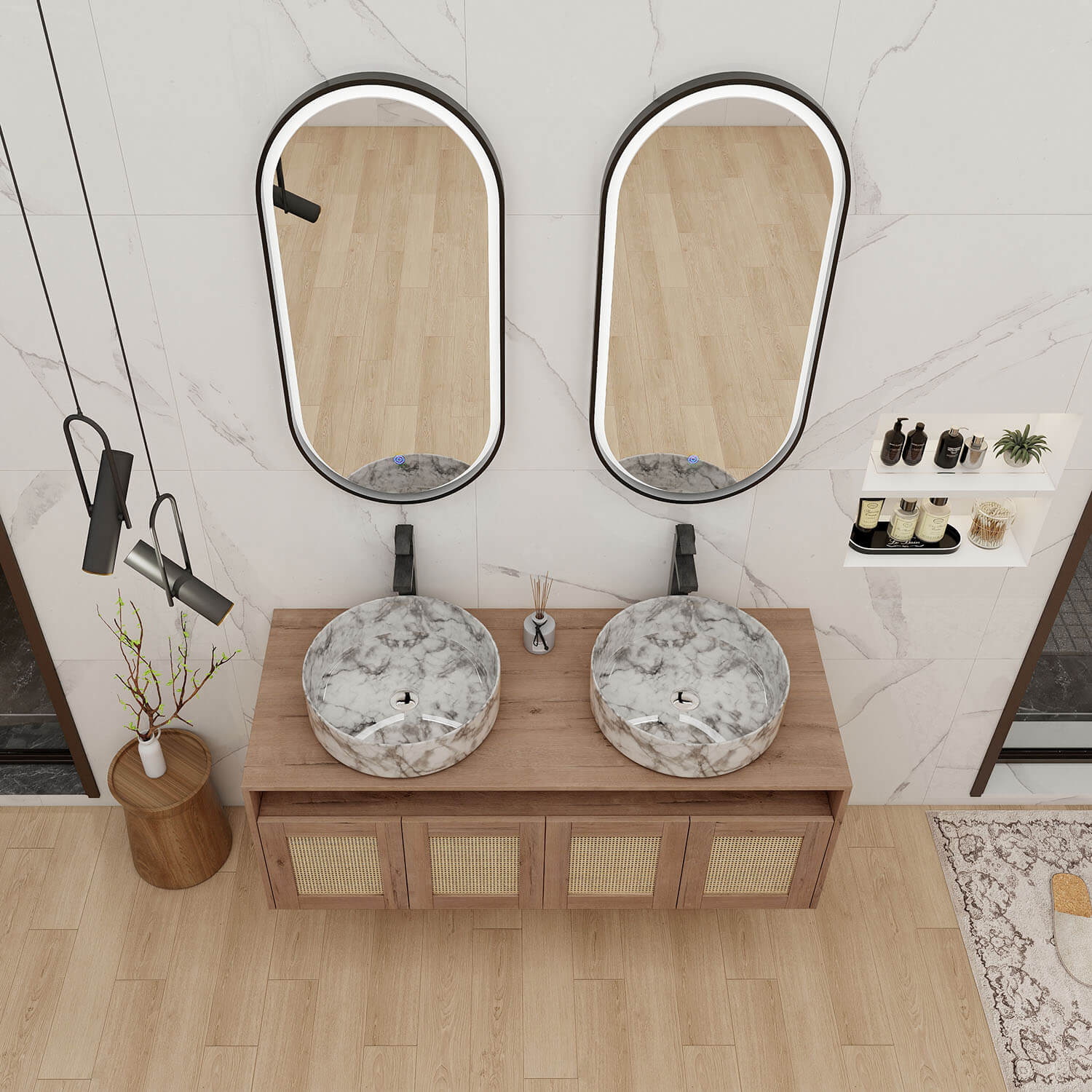 48" Double Basin Floating Vanity with Marble-Veined Ceramic Sink and White Oak Cabinet - Image 3